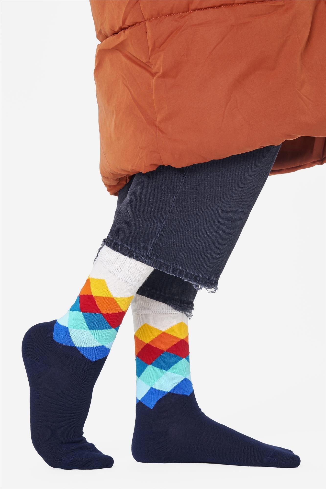 Happy Socks - Donkerblauwe-multicolour Faded Diamond sokken, maat: 41-46