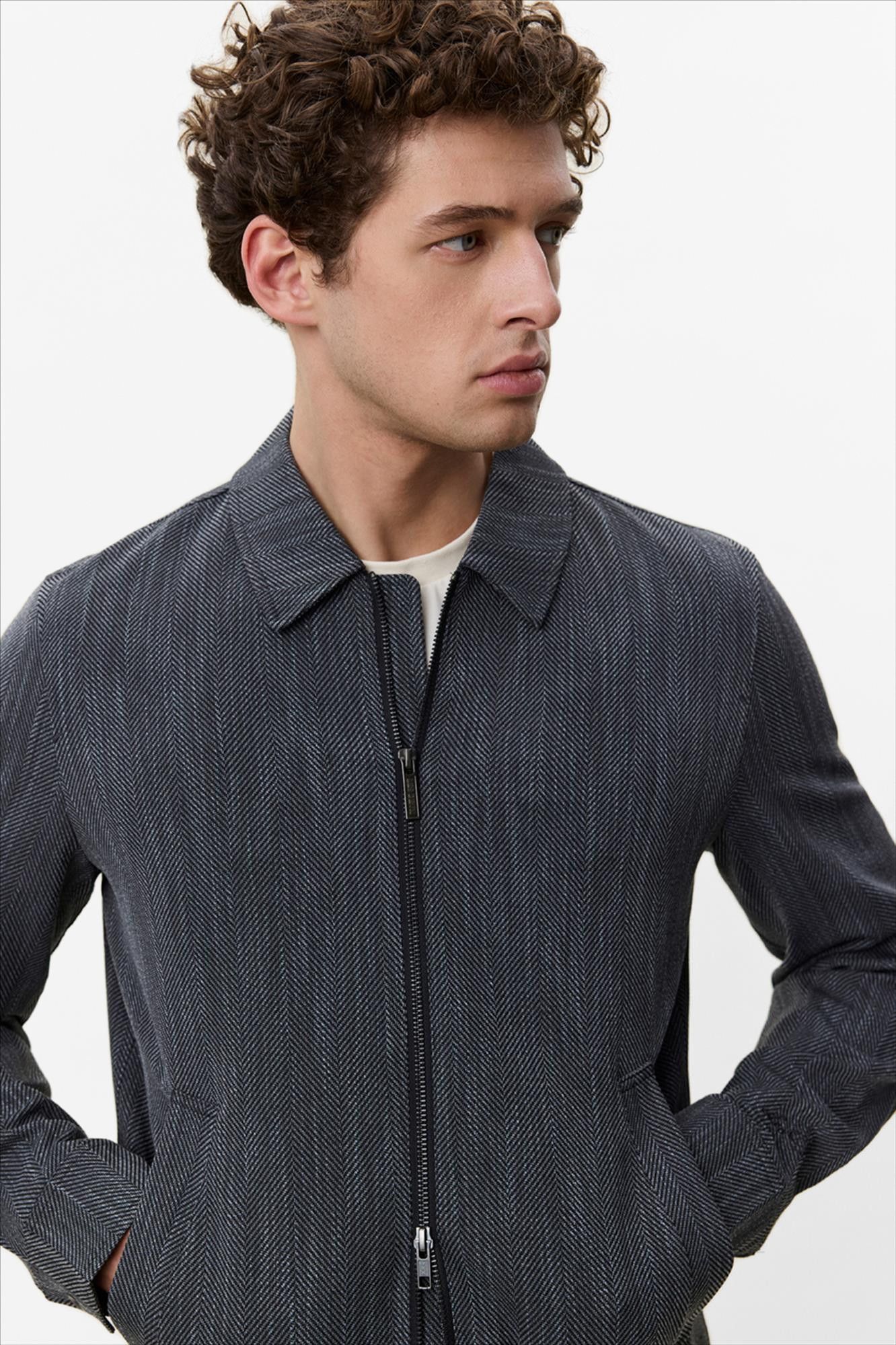 LES DEUX  - Donkergrijze Herringbone Coach jas