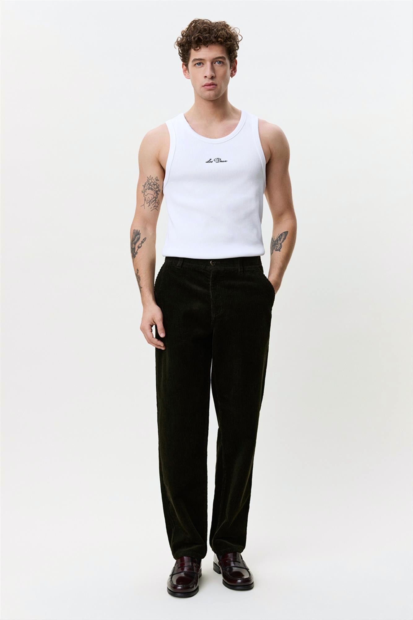 LES DEUX  - Donkergroene Corduroy tapered broek