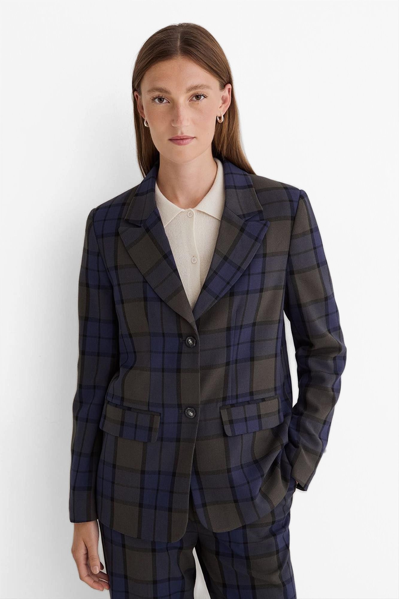 YERSE - Donkergroen-Donkerblauwe Check blazer