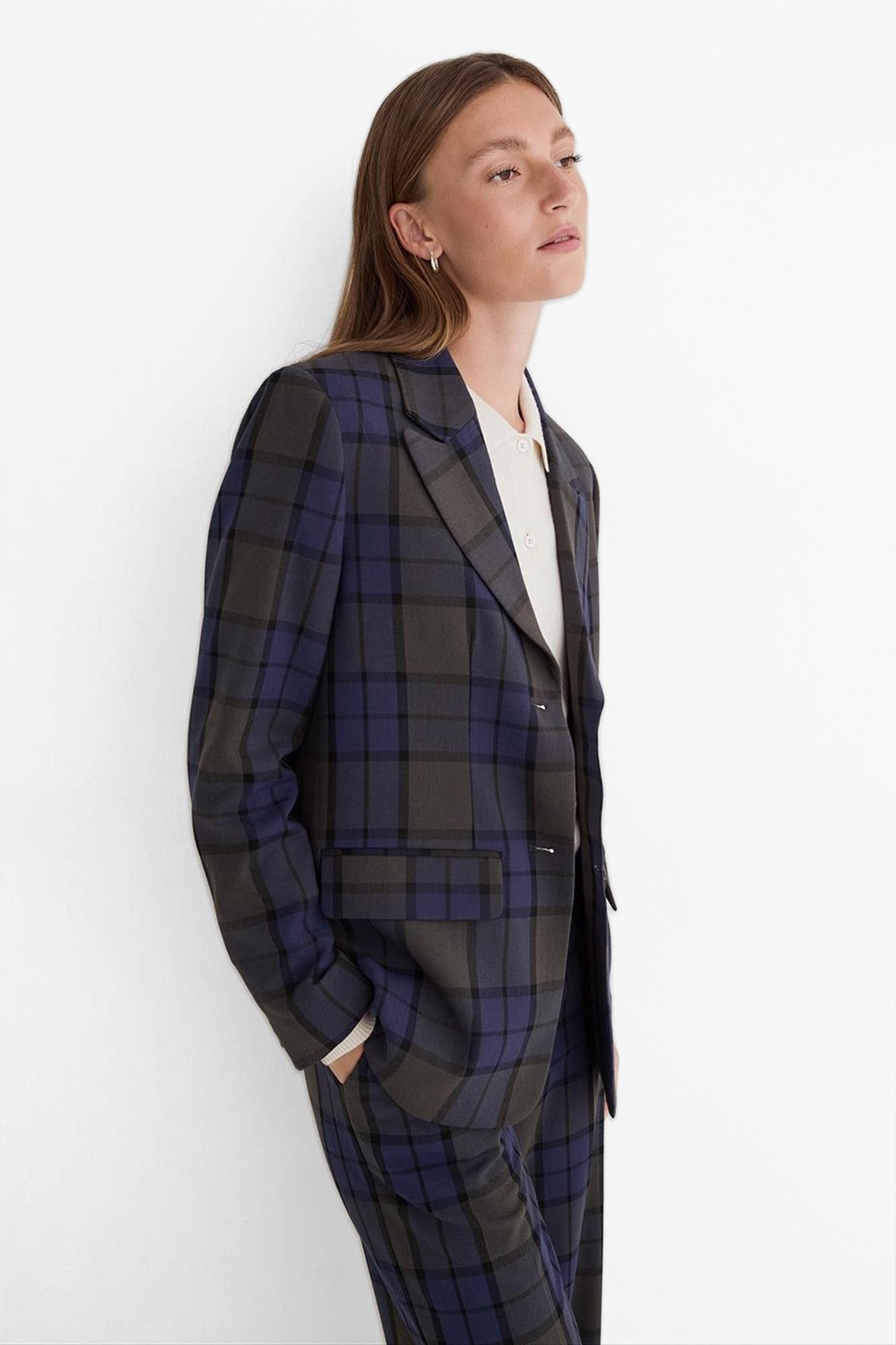 YERSE - Donkergroen-Donkerblauwe Check blazer