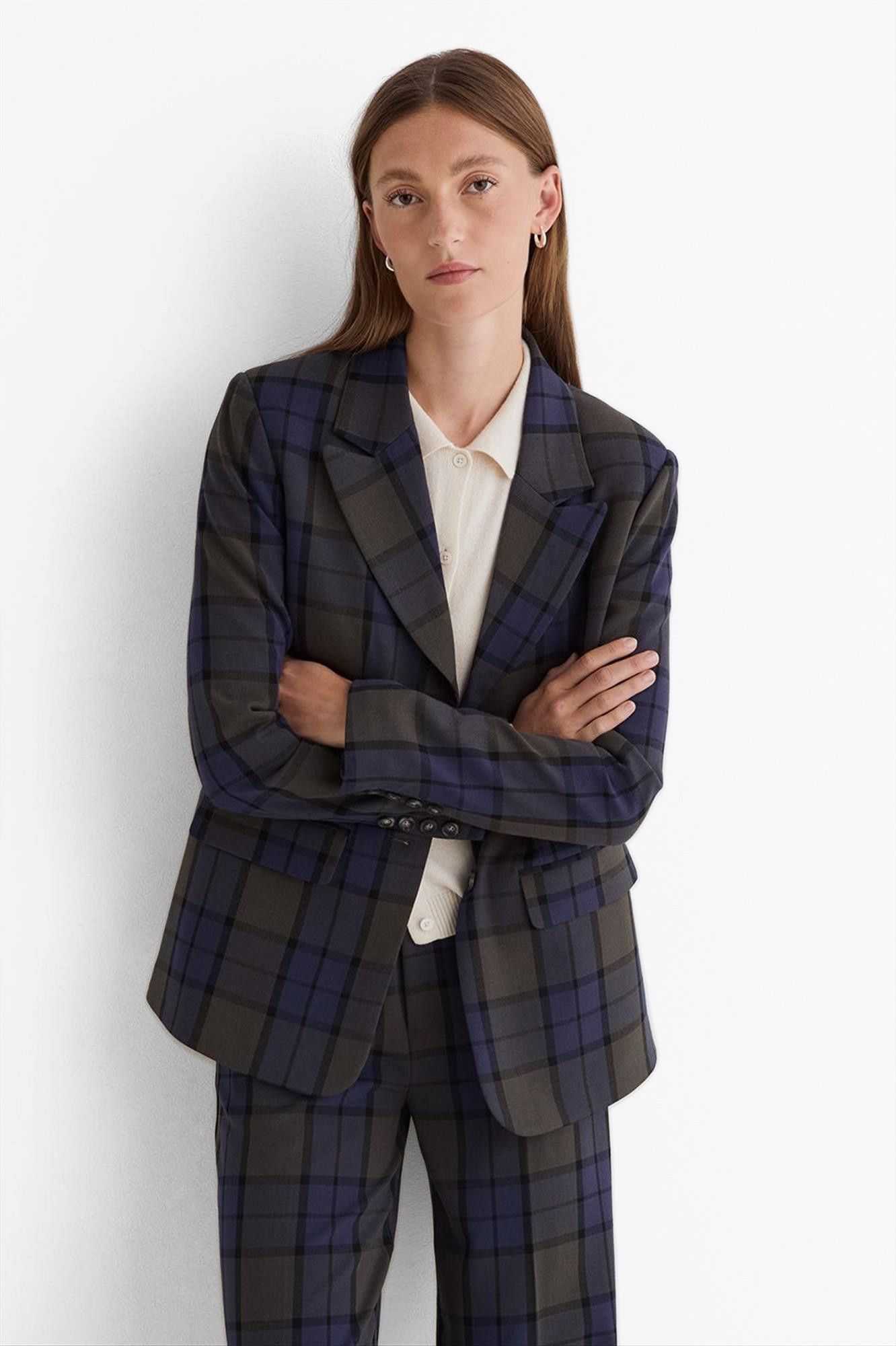 YERSE - Donkergroen-Donkerblauwe Check blazer