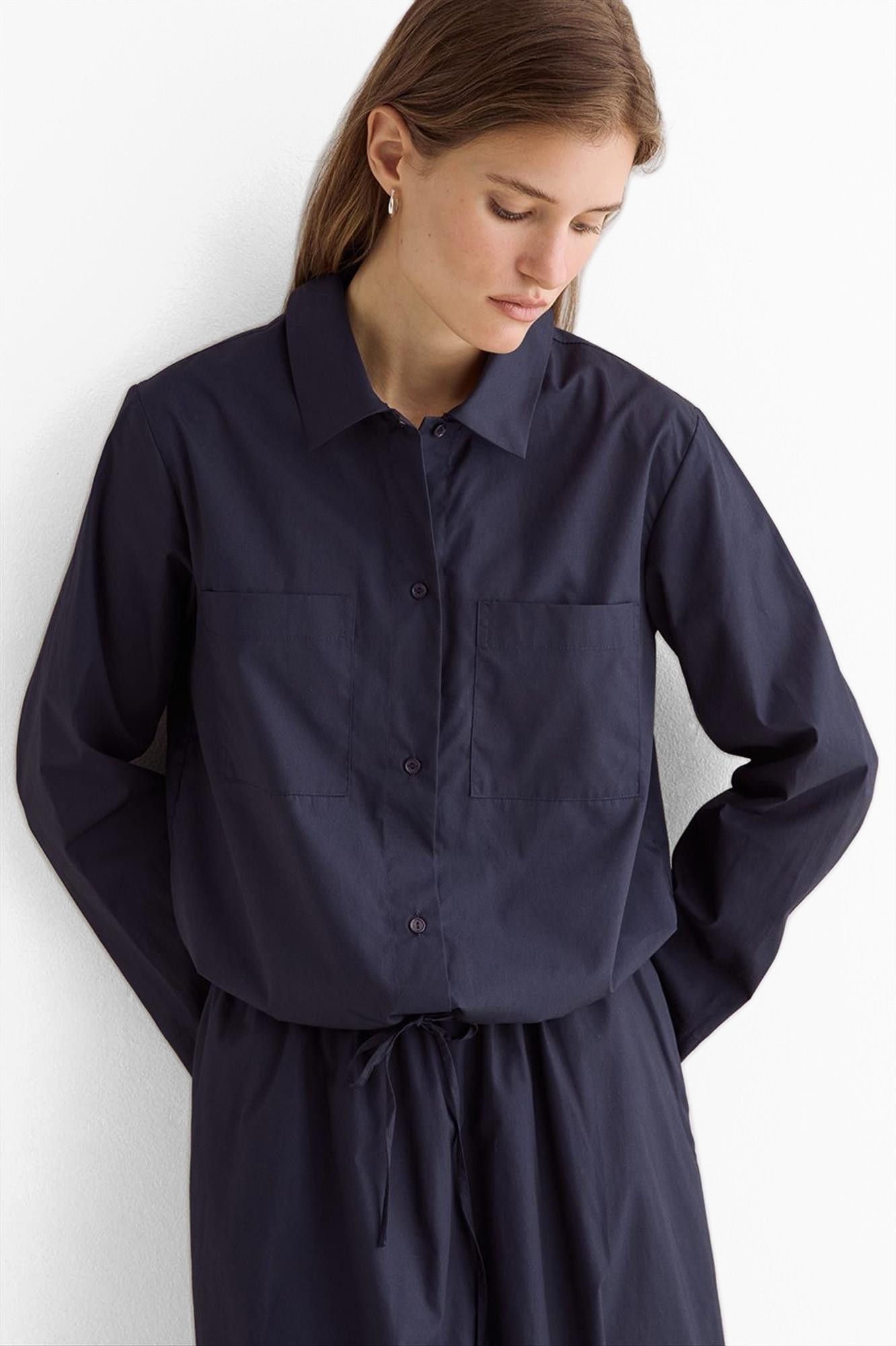 YERSE - Donkerblauwe Poplin blouse