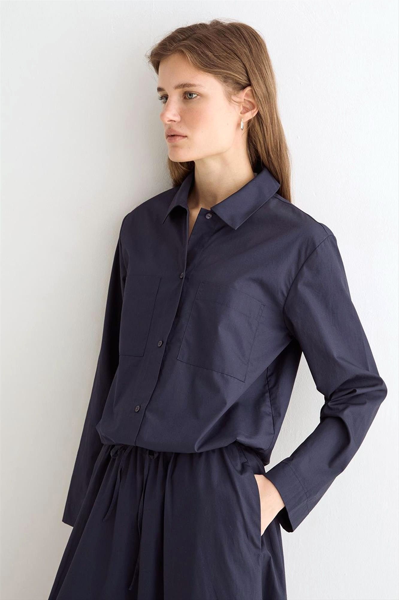 YERSE - Donkerblauwe Poplin blouse