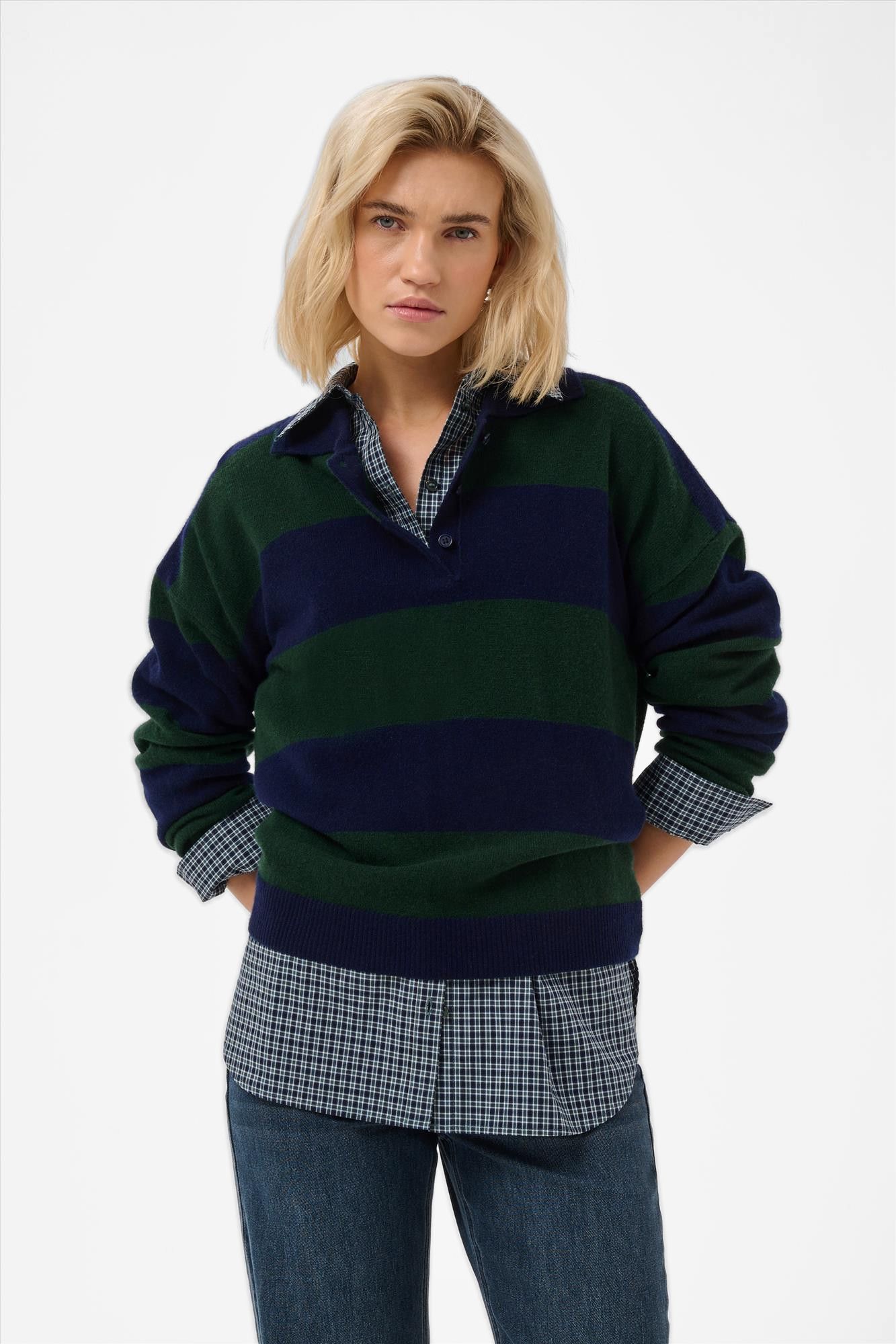 My Essential Wardrobe - Donkerblauw-Donkergroene Jola polotrui