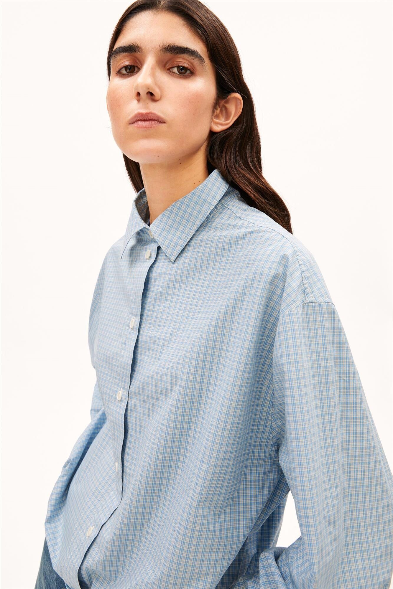 Armed Angels - Blauwe Mini-Check Drawstring blouse