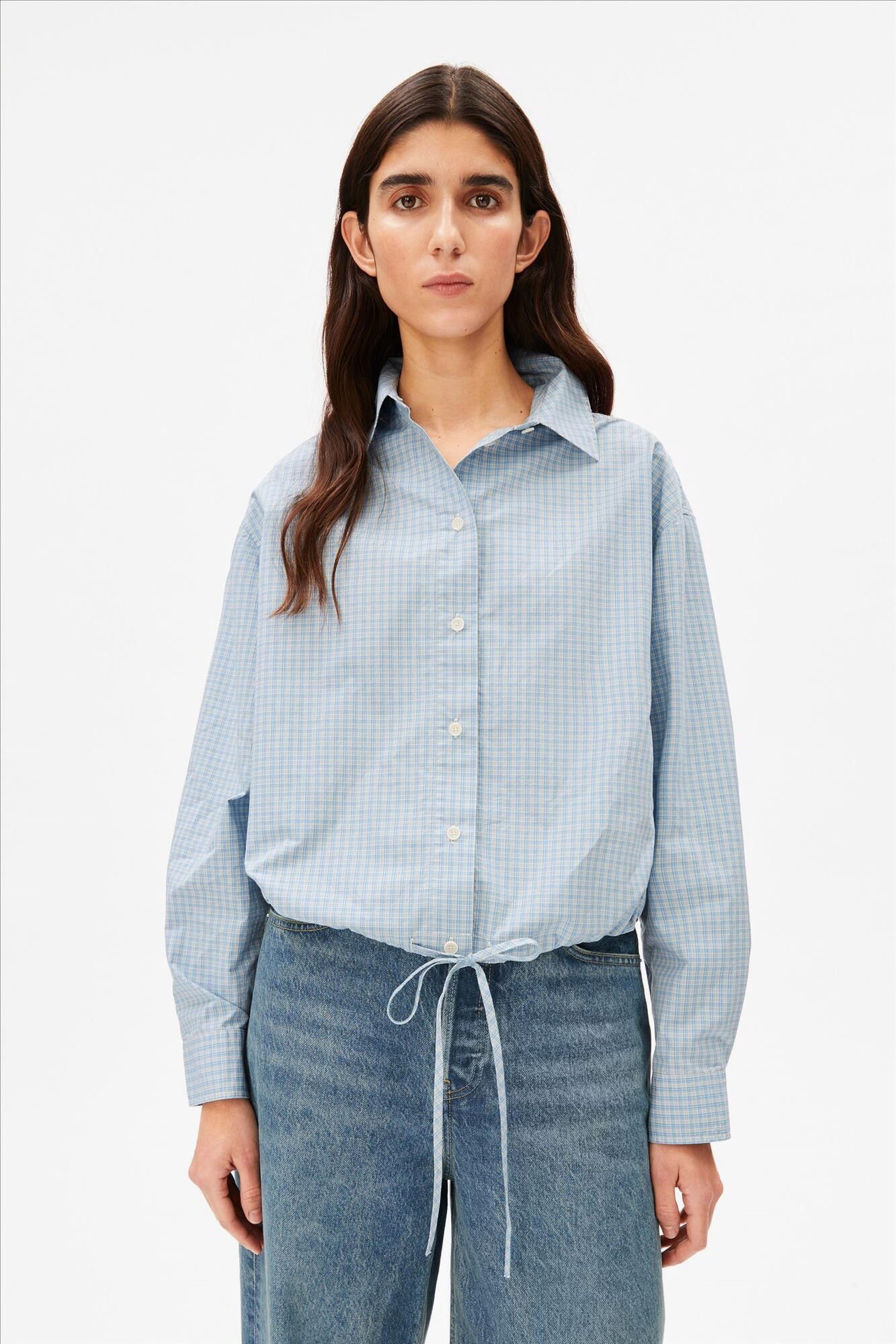 Armed Angels - Blauwe Mini-Check Drawstring blouse