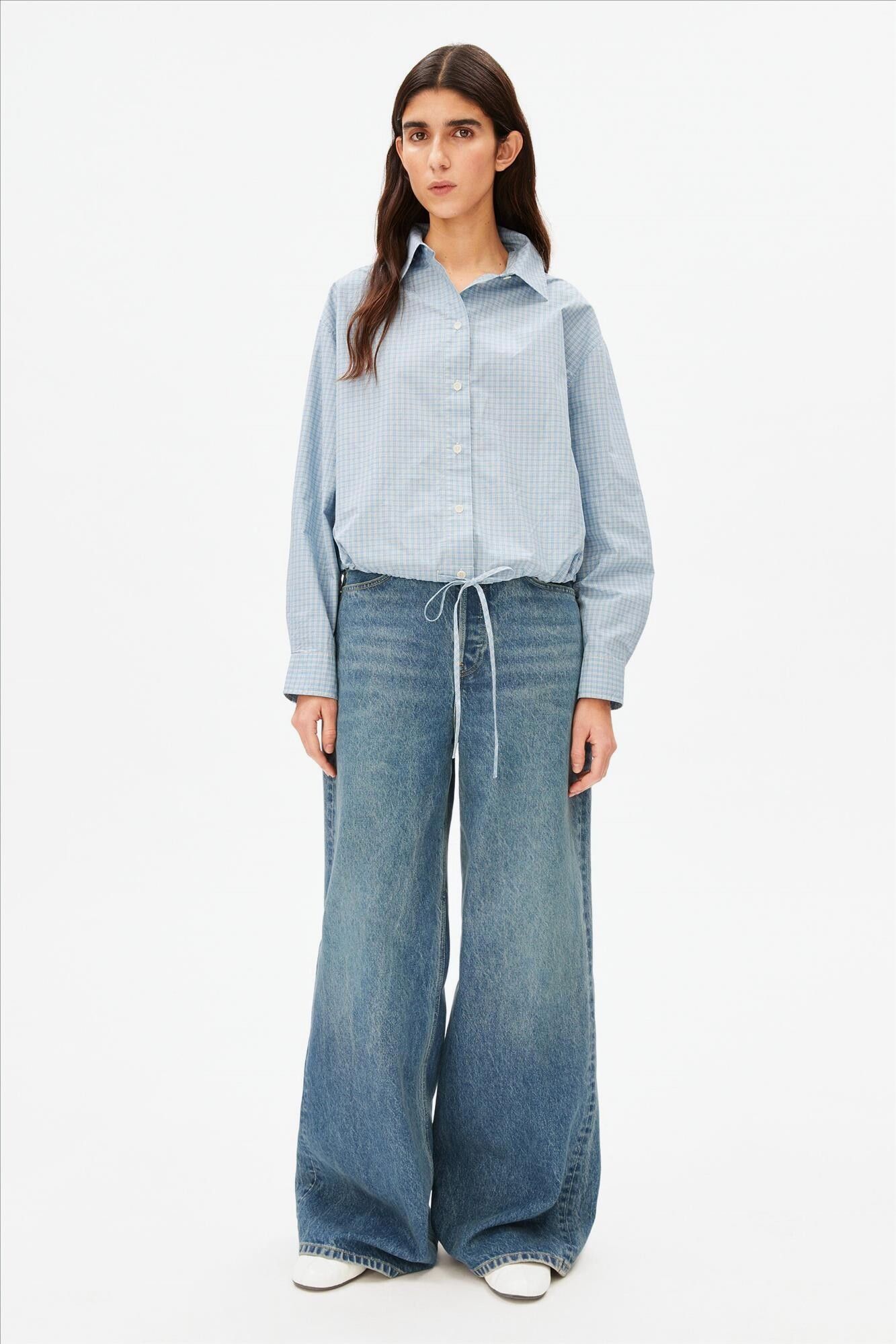 Armed Angels - Blauwe Mini-Check Drawstring blouse