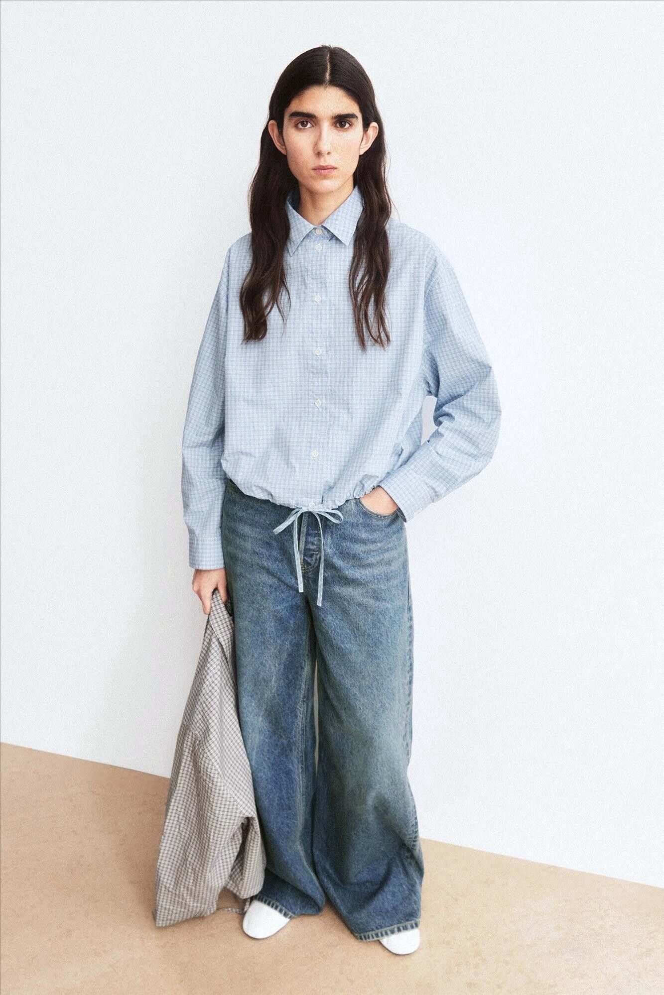 Armed Angels - Blauwe Mini-Check Drawstring blouse