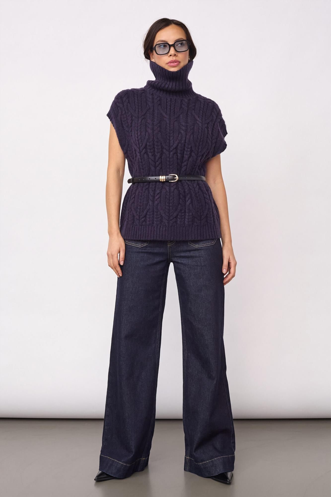 CO'COUTURE - Donkerblauwe Row Cable Knit trui