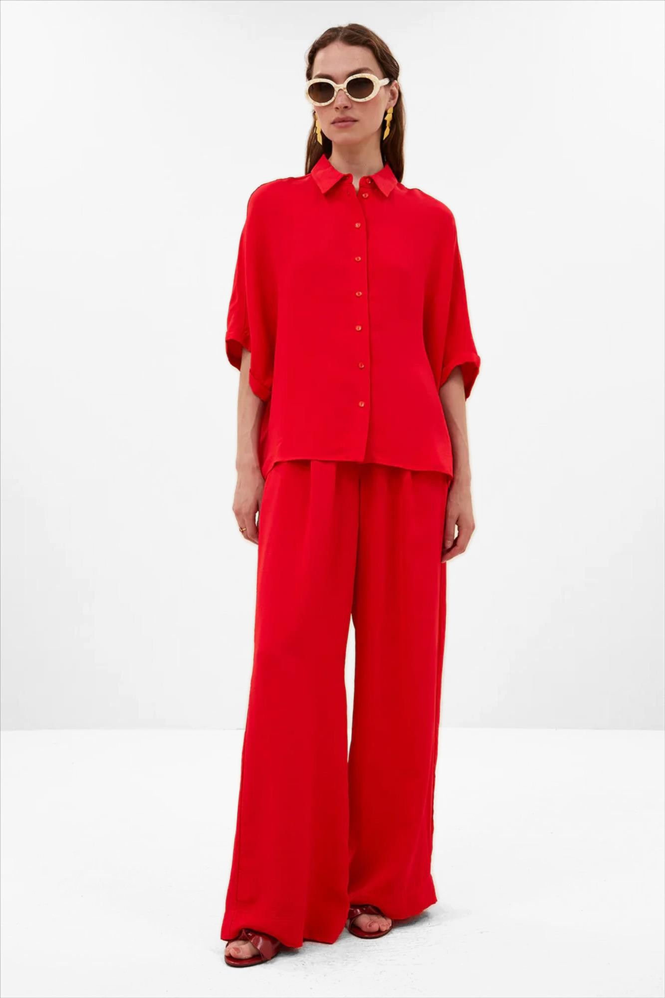 BY BAR - Rode Benji Satin Stripe broek