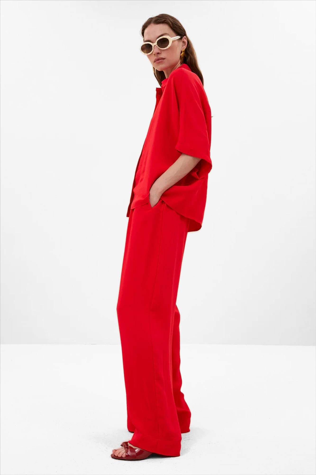 BY BAR - Rode Benji Satin Stripe broek