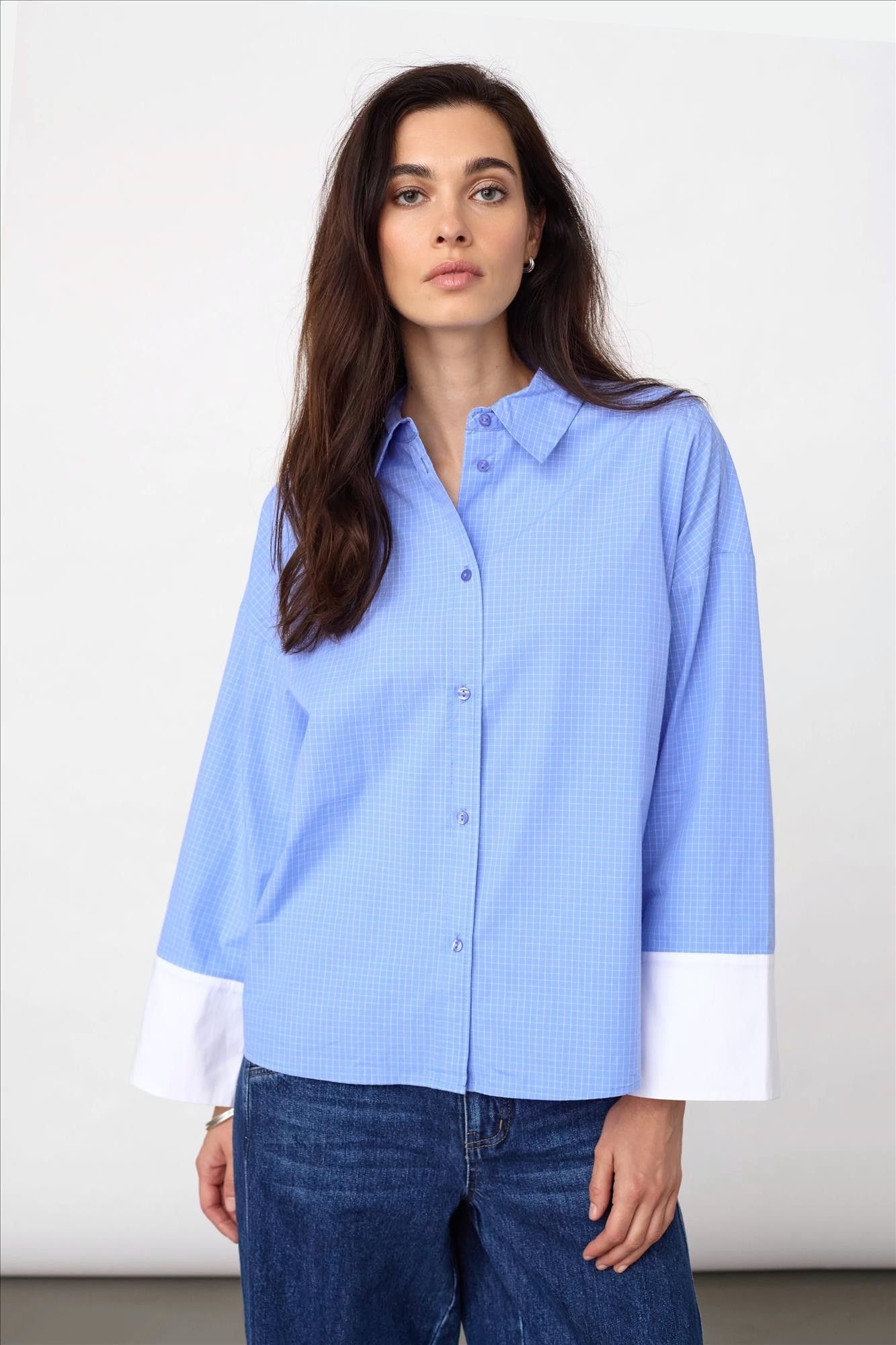 CO'COUTURE - Blauwe Elona Check Cuff blouse