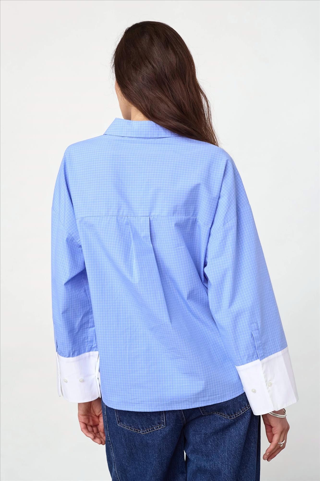 CO'COUTURE - Blauwe Elona Check Cuff blouse