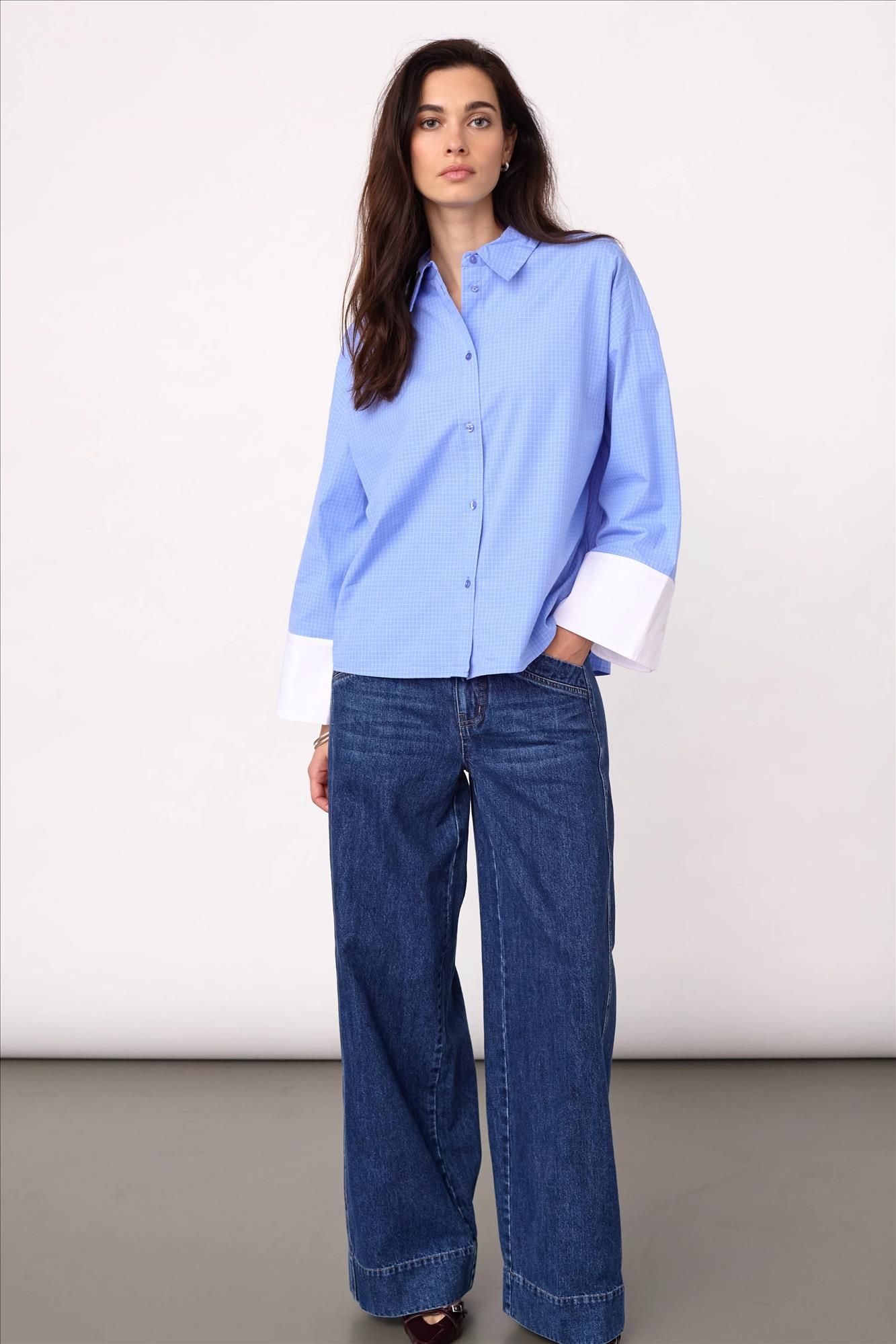 CO'COUTURE - Blauwe Elona Check Cuff blouse