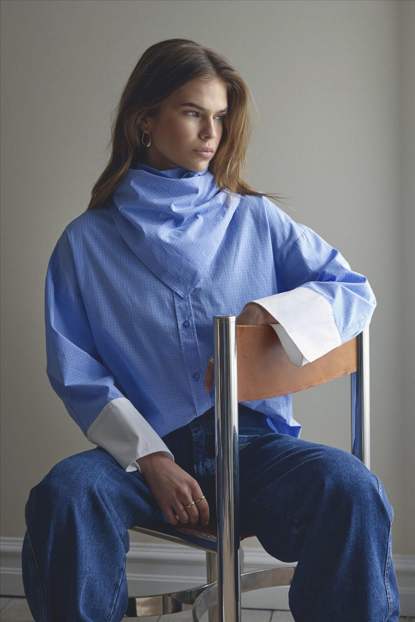 CO'COUTURE - Blauwe Elona Check Cuff blouse
