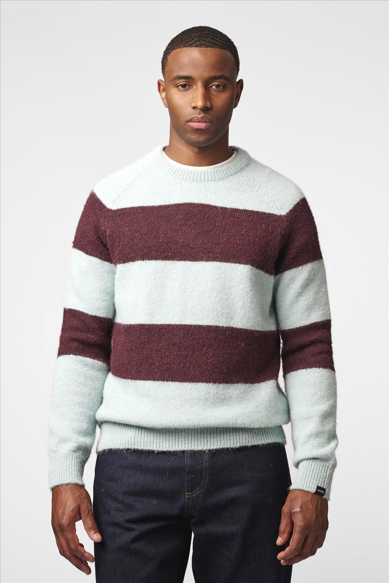 Antwrp - Lichtblauw-Bordeaux Striped Colorblock trui