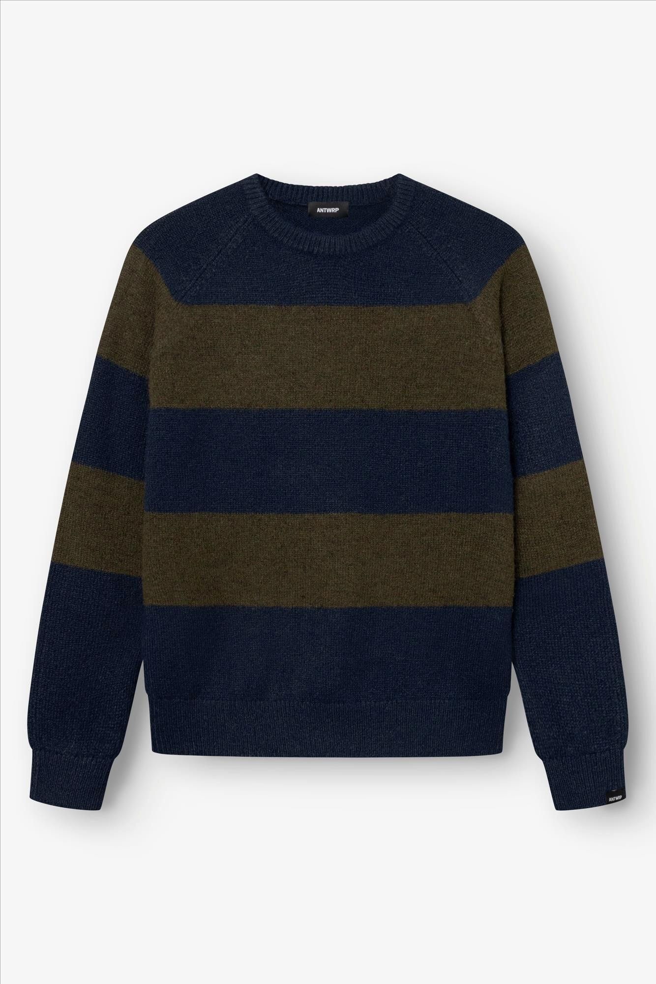 Antwrp - Donkerblauw-Kaki Striped Colorblock trui