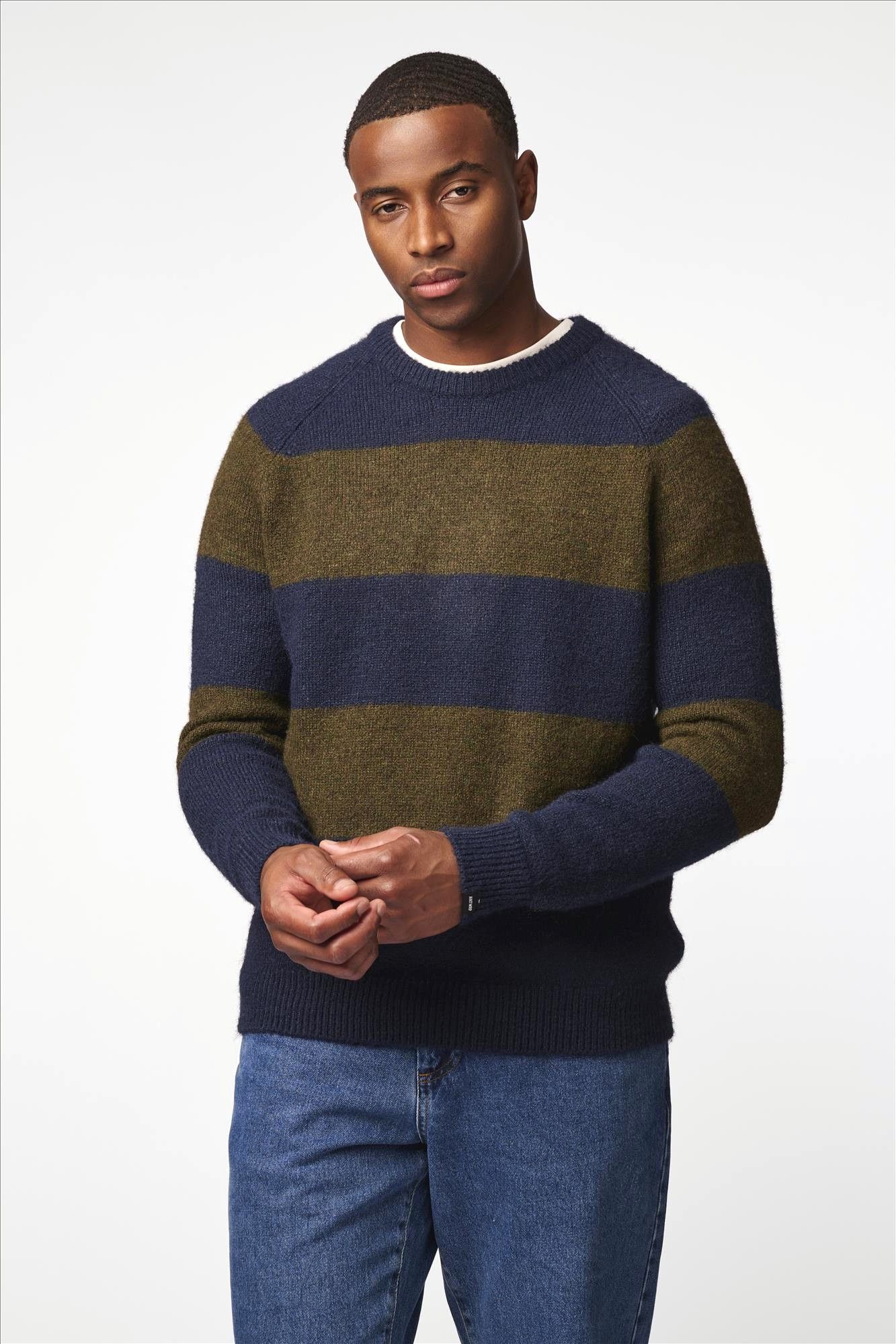 Antwrp - Donkerblauw-Kaki Striped Colorblock trui