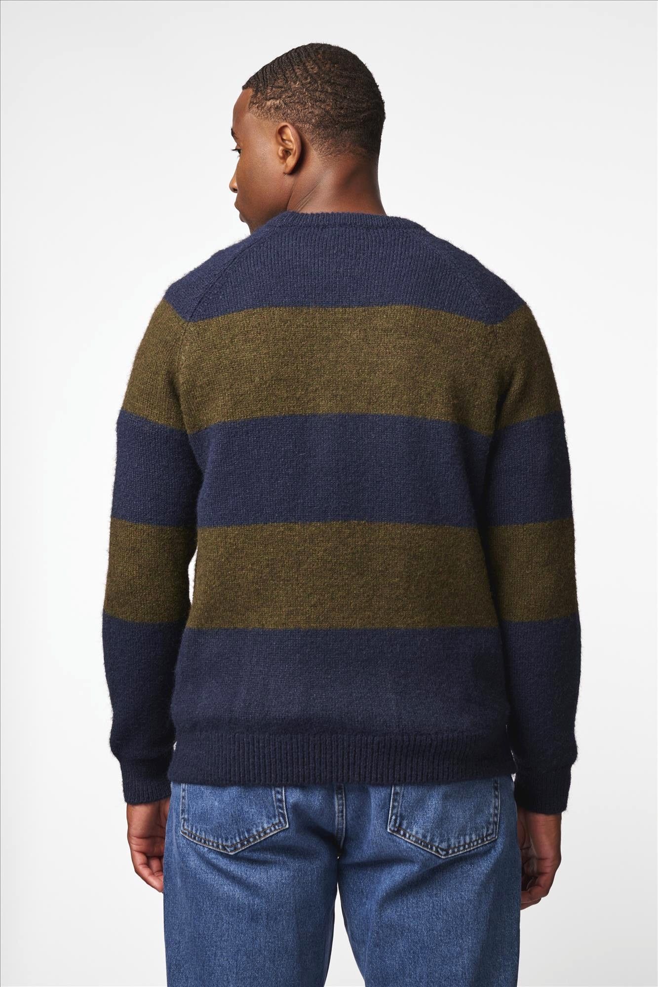 Antwrp - Donkerblauw-Kaki Striped Colorblock trui