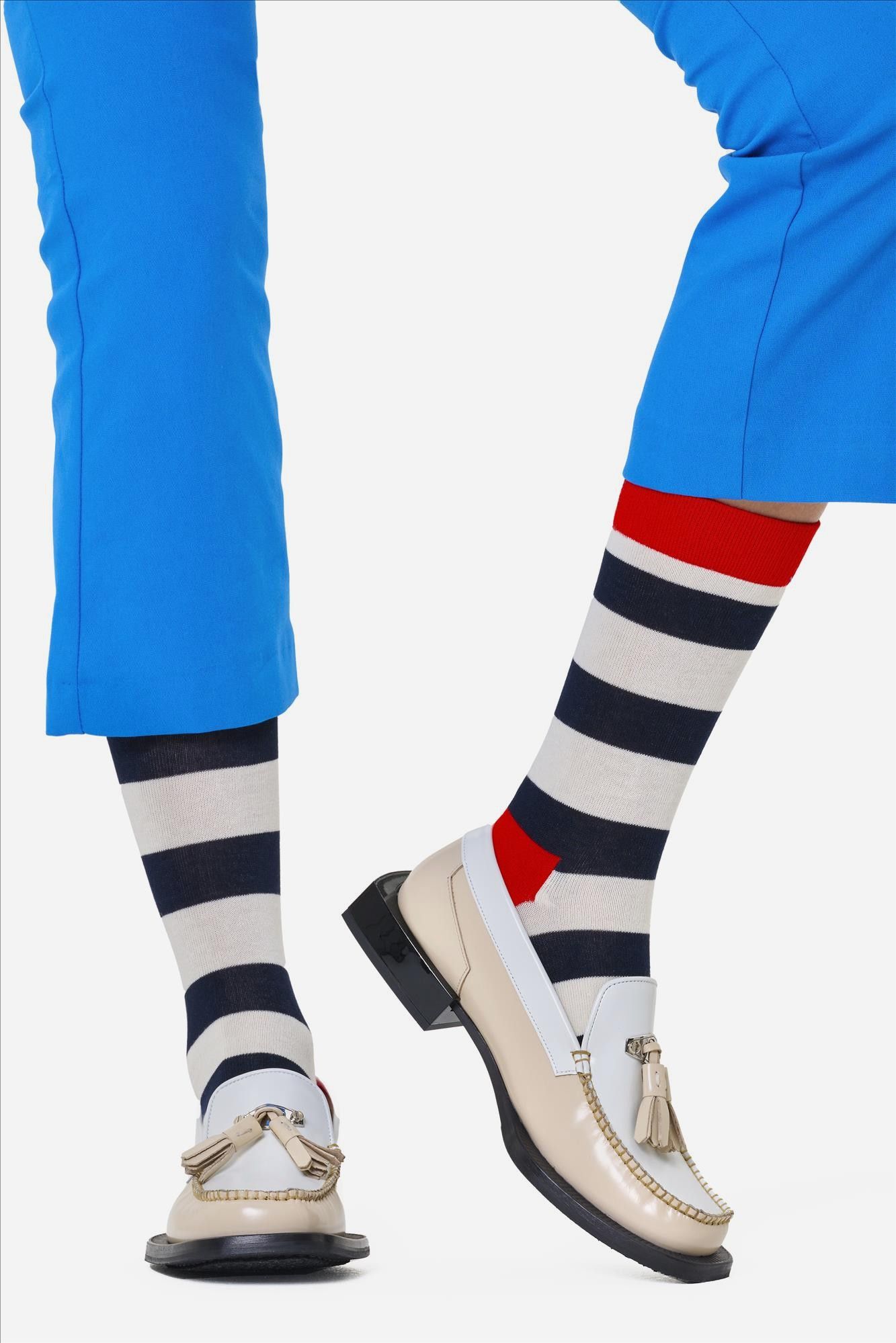 Happy Socks - Ecru-donkerblauw-rode Stripe sokken, maat: 36-40