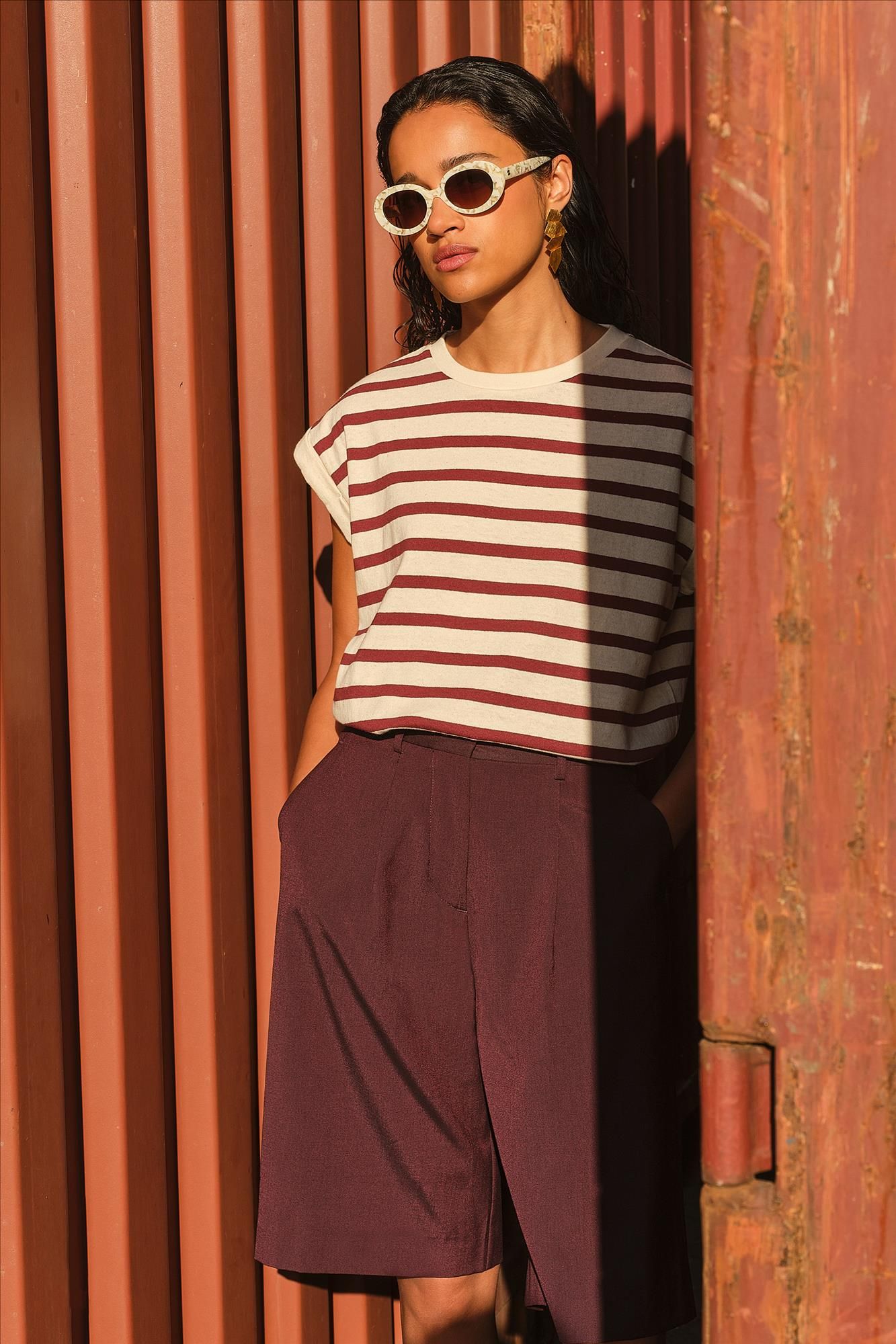 BY BAR - Ecru-Bordeaux Tobi Stripe T-shirt