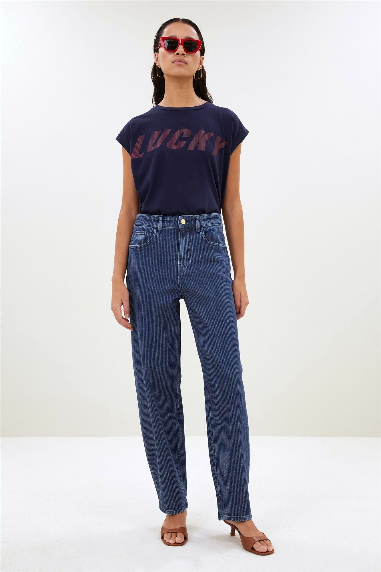 BY BAR - Donkerblauwe Tobi Striped Speed T-shirt