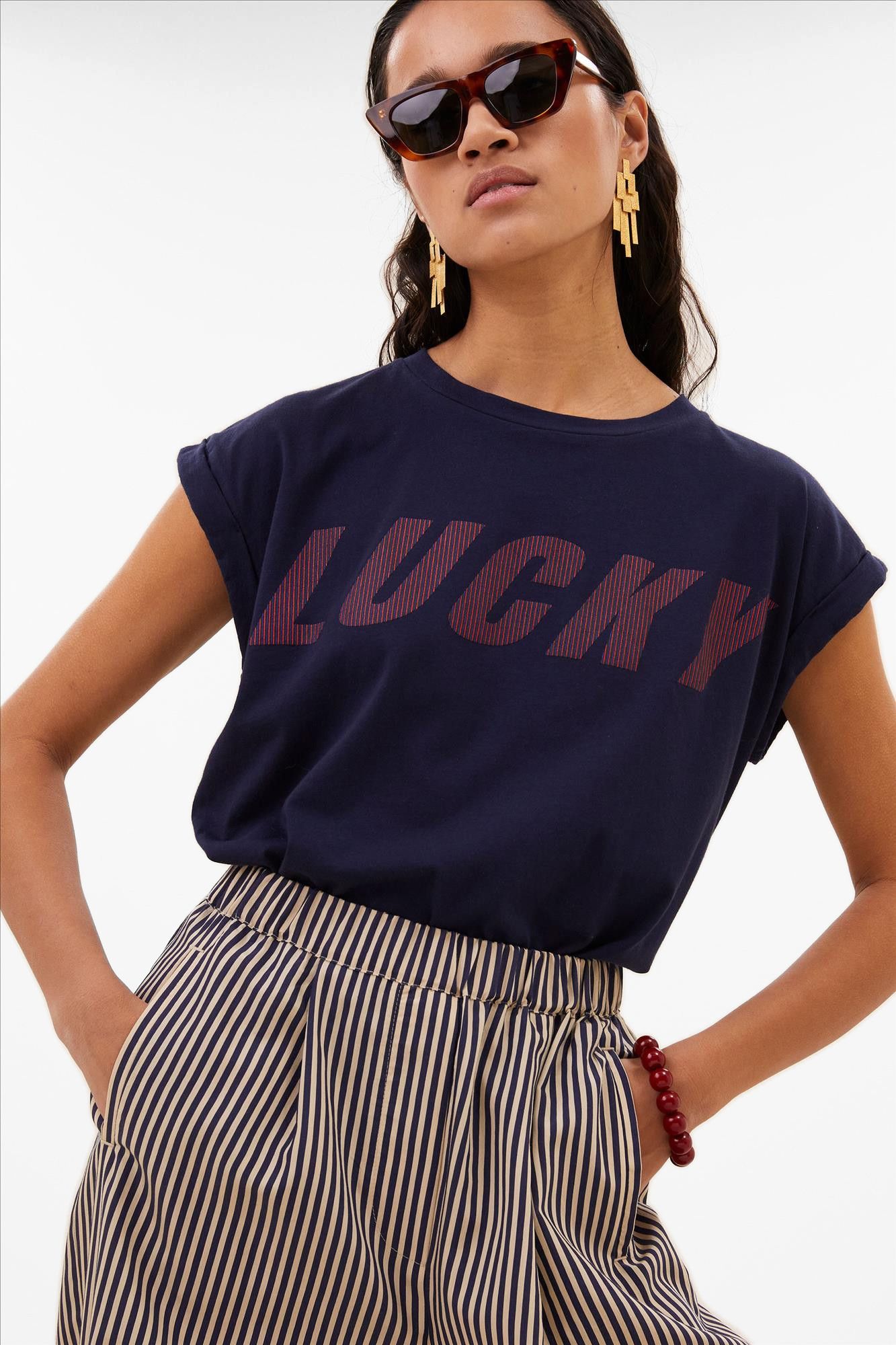 BY BAR - Donkerblauwe Tobi Striped Speed T-shirt