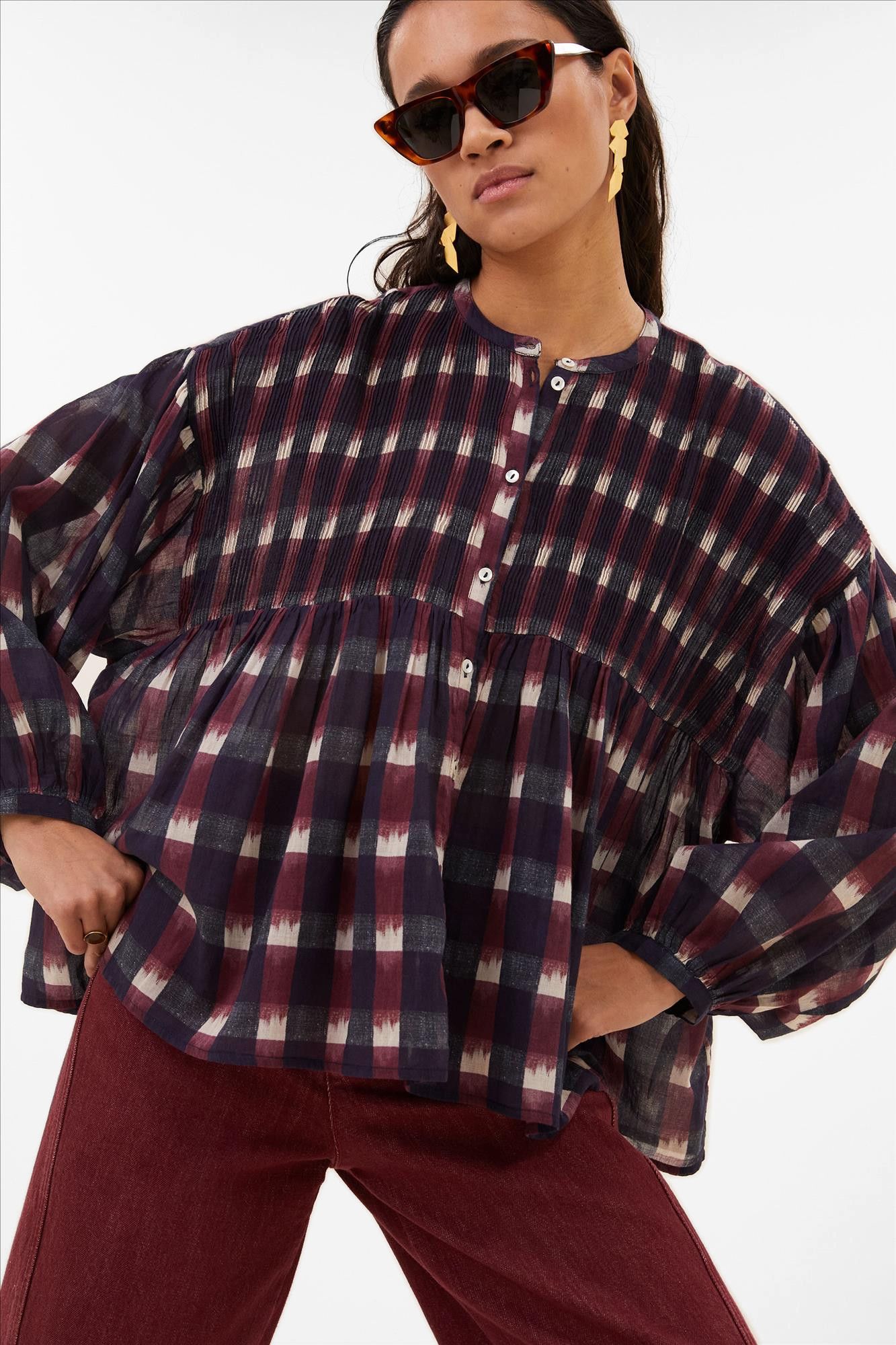 BY BAR - Bordeaux-Donkerblauwe Mine Ikat blouse
