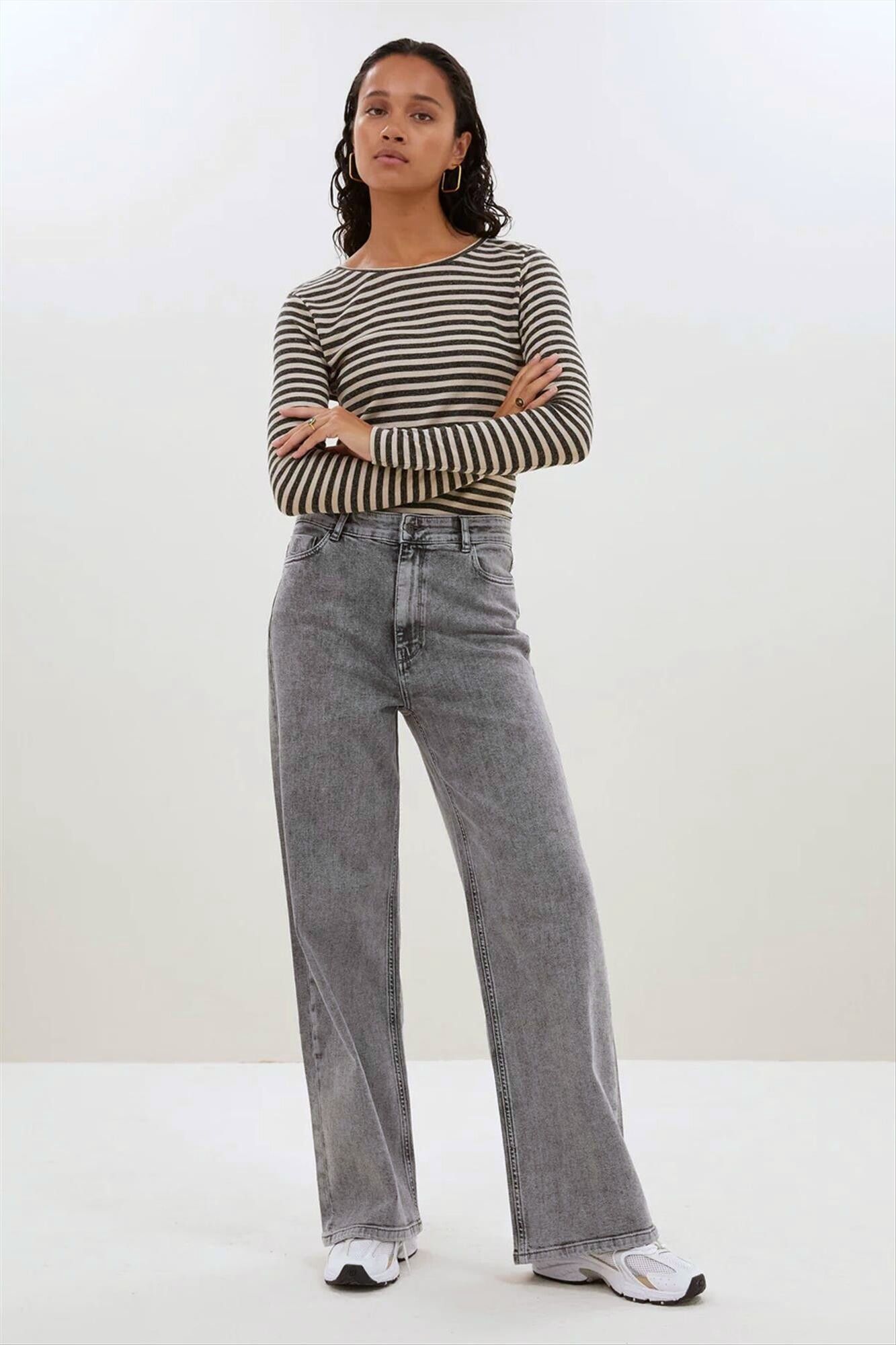 BY BAR - Ecru-Donkergrijze Basic Stripe longsleeve