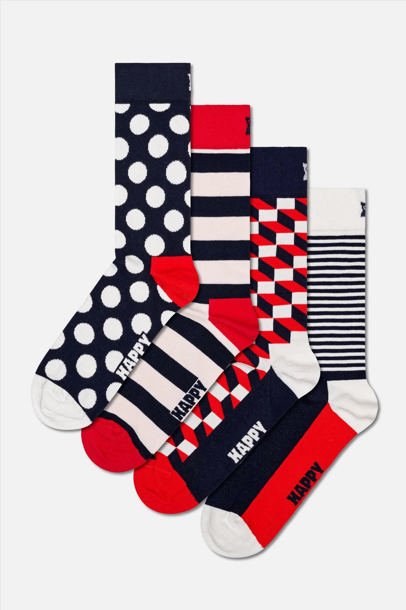 Happy Socks - Ecru-blauw-rode Classic Navy Socks Gift Set 4-Pack, maat: 41-46