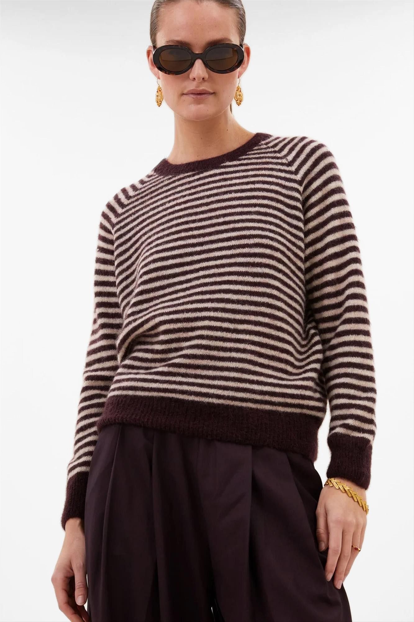 BY BAR - Ecru-Bordeaux Sally Stripe trui