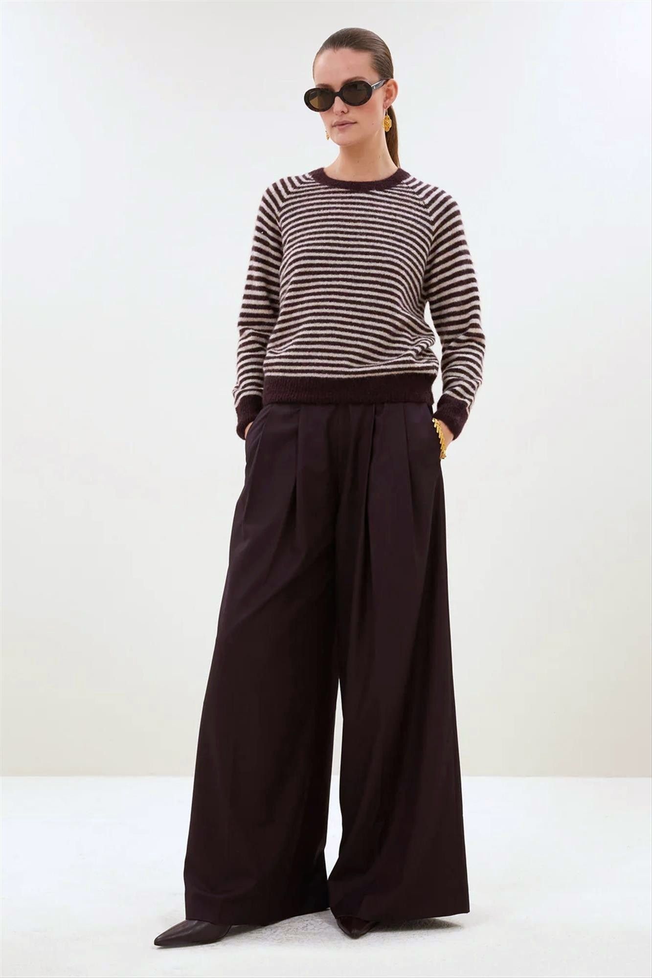 BY BAR - Ecru-Bordeaux Sally Stripe trui