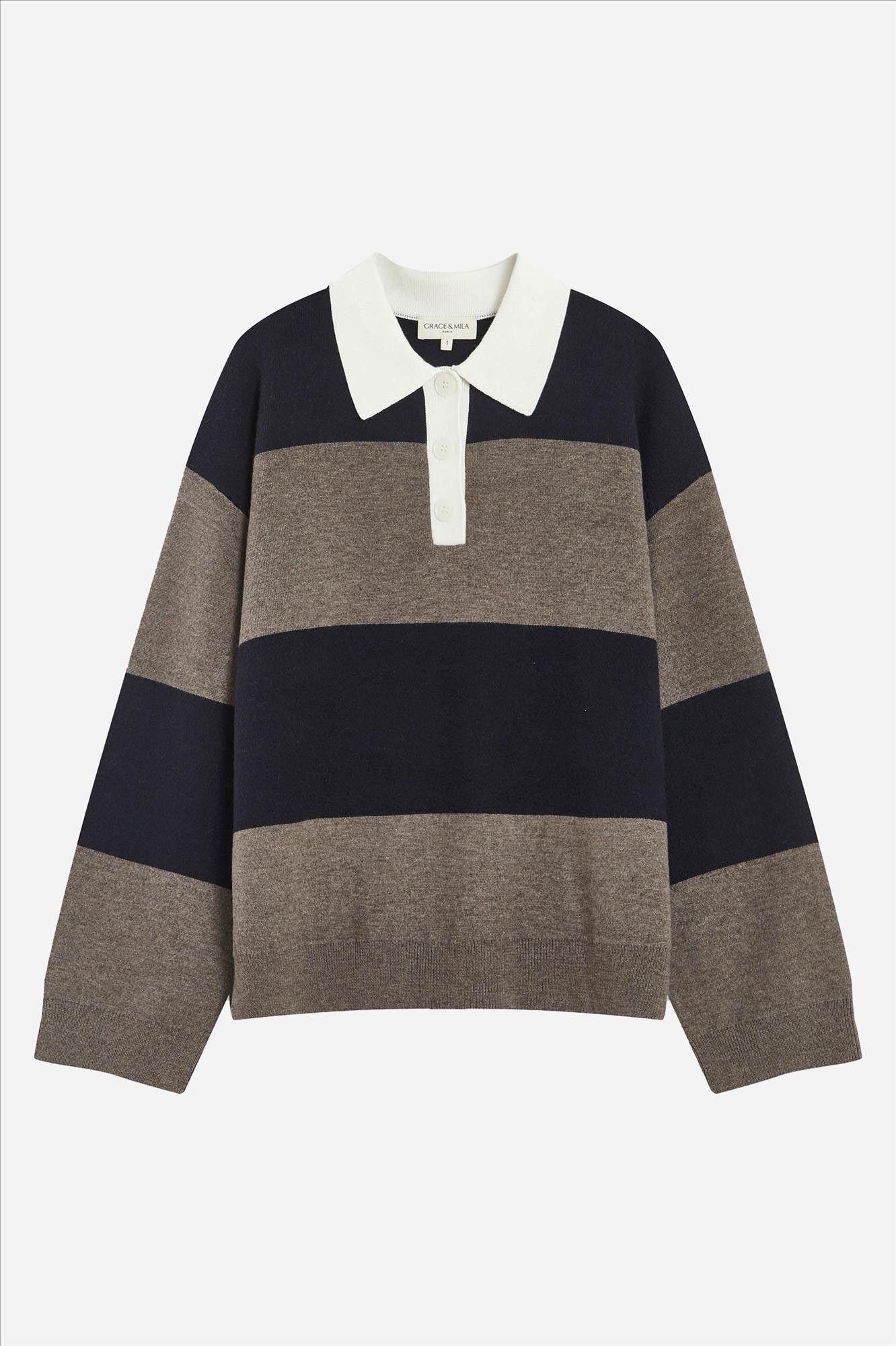 Grace & Mila - Beige-Donkerblauwe Astre polotrui