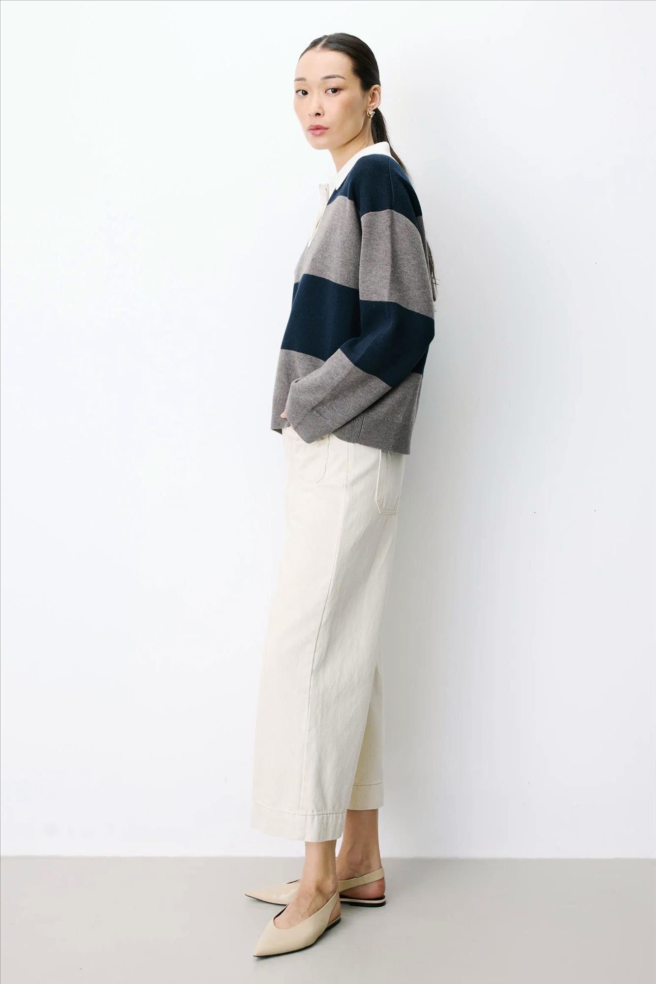 Grace & Mila - Beige-Donkerblauwe Astre polotrui
