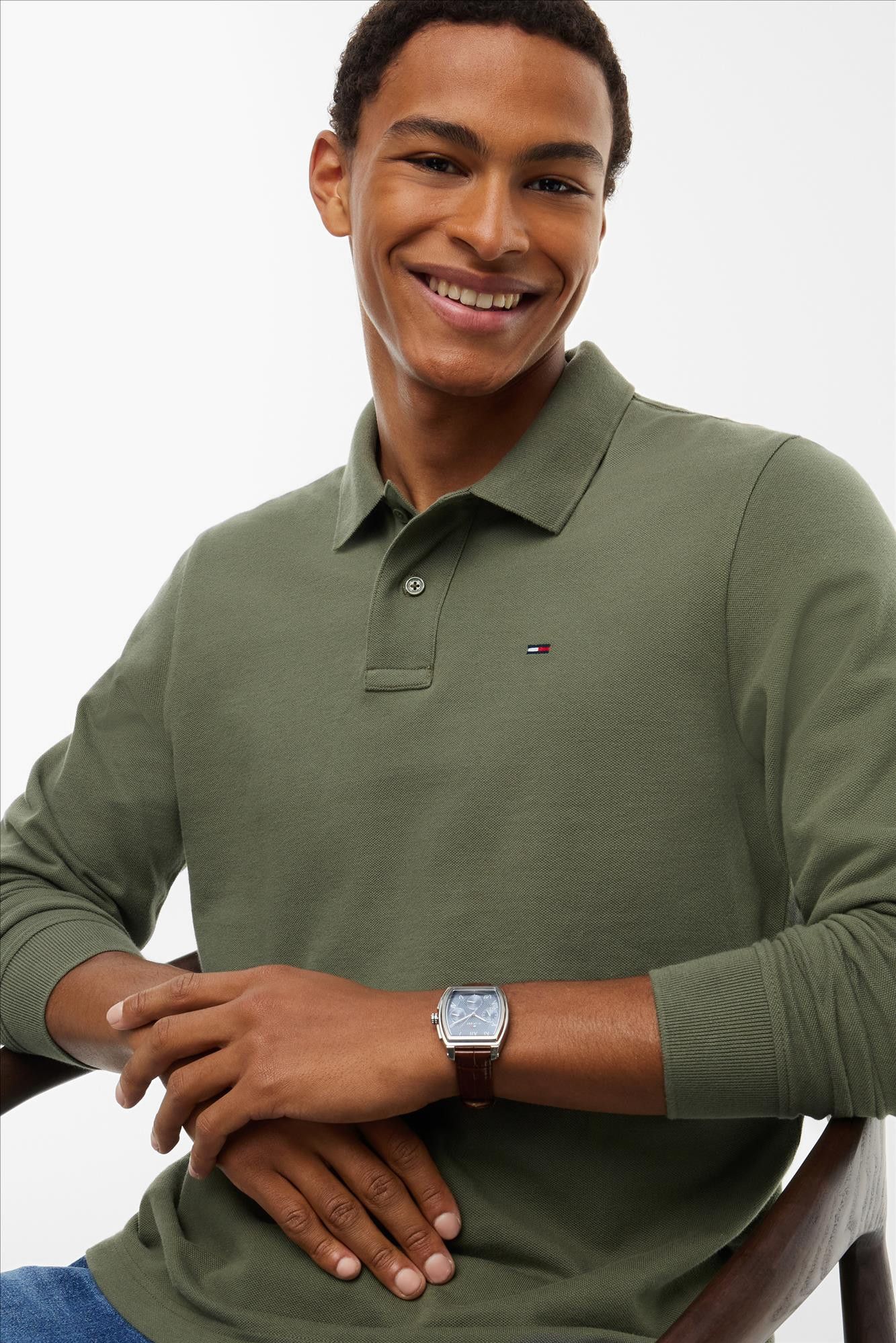 Tommy Jeans - Olijfgroene Regular Essential longsleeve polo