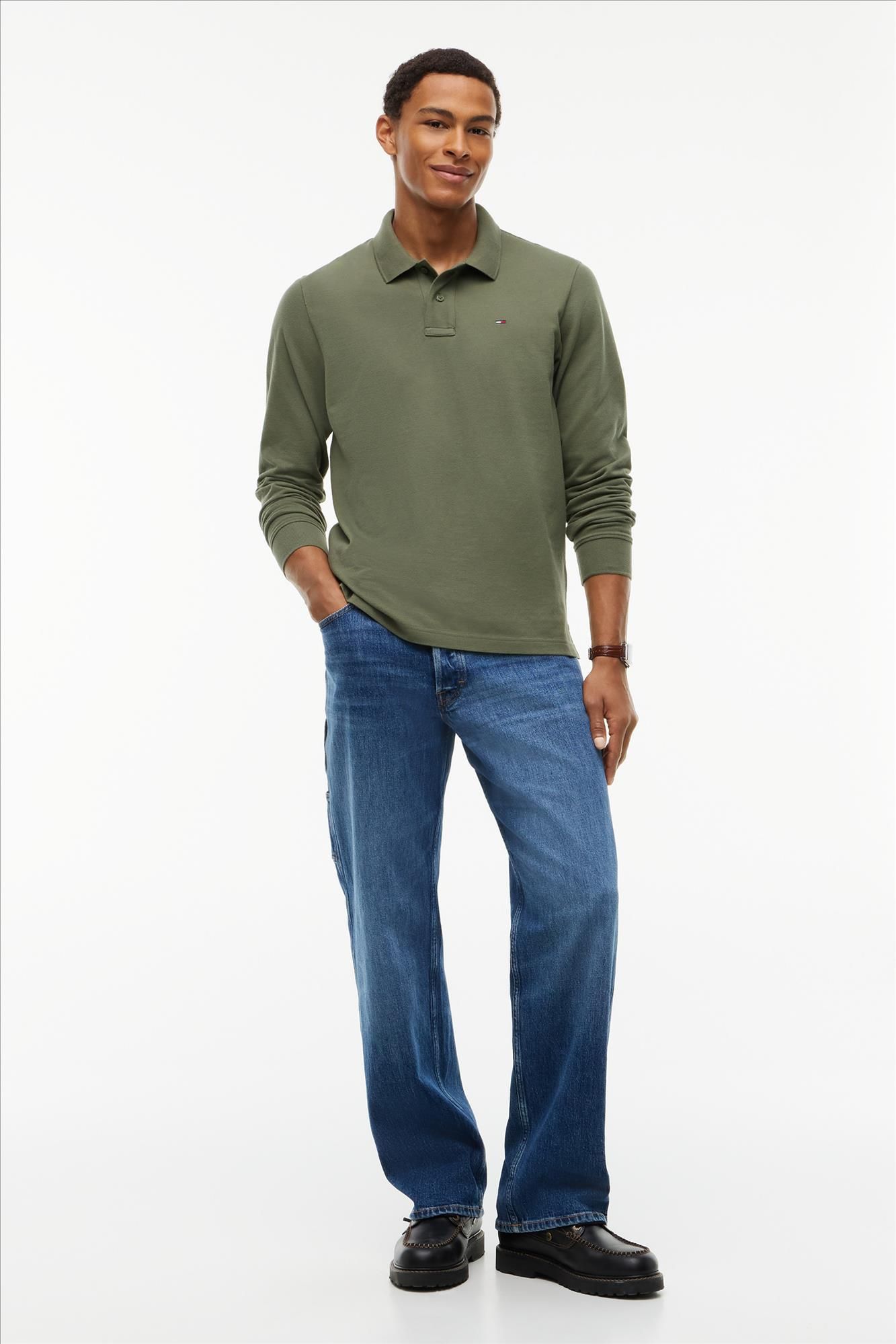 Tommy Jeans - Olijfgroene Regular Essential longsleeve polo