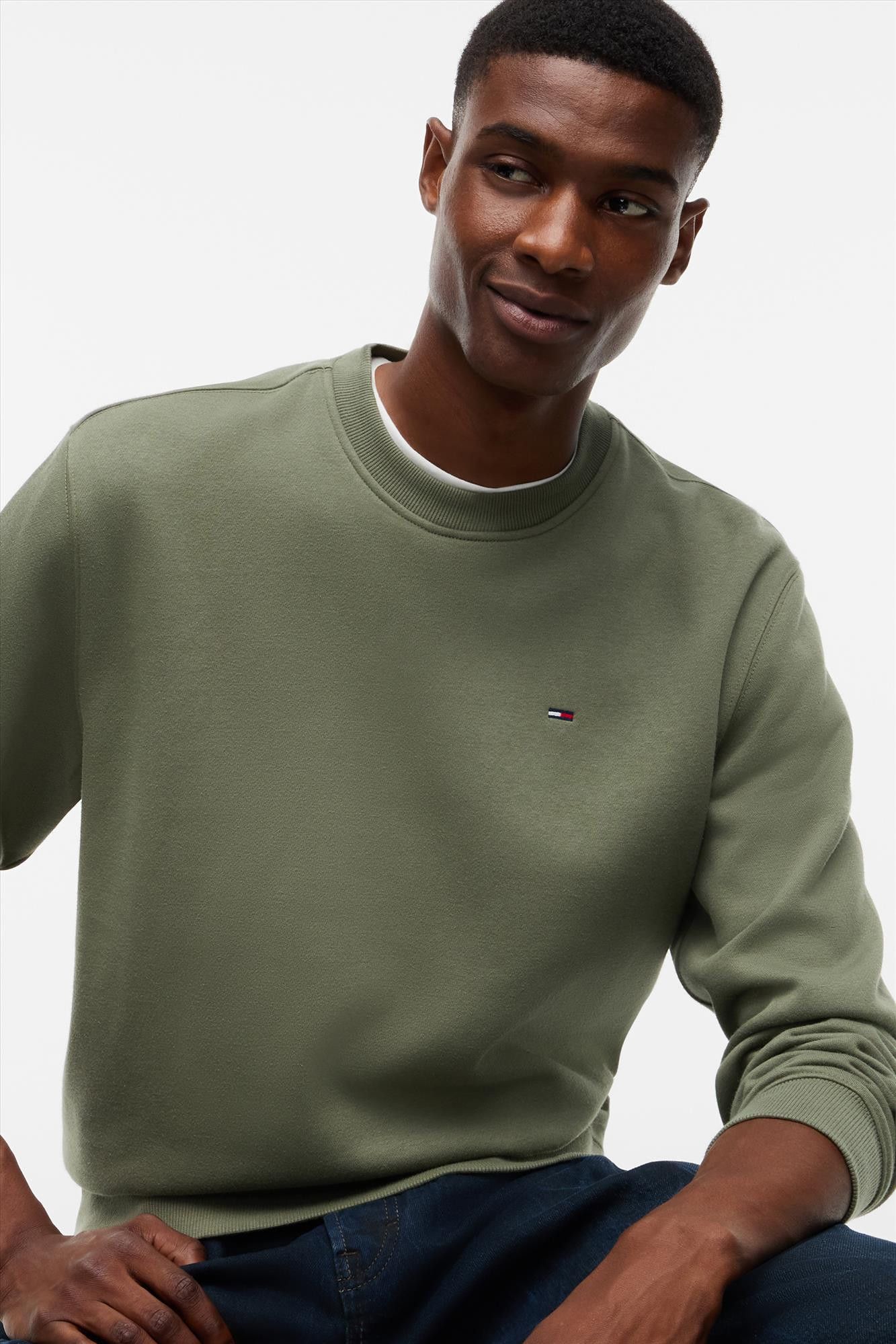 Tommy Jeans - Olijfgroene Flag Crew sweater