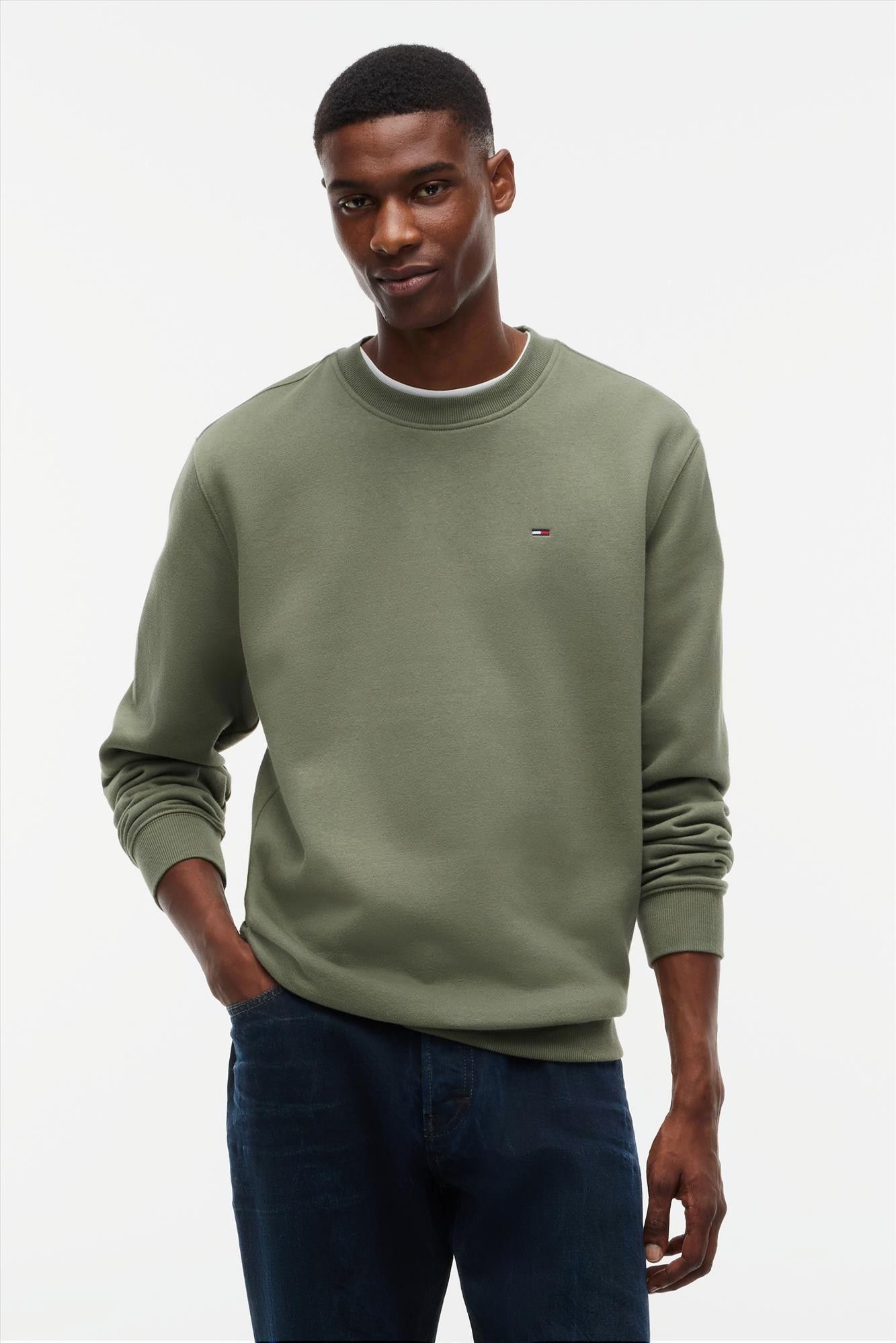 Tommy Jeans - Olijfgroene Flag Crew sweater