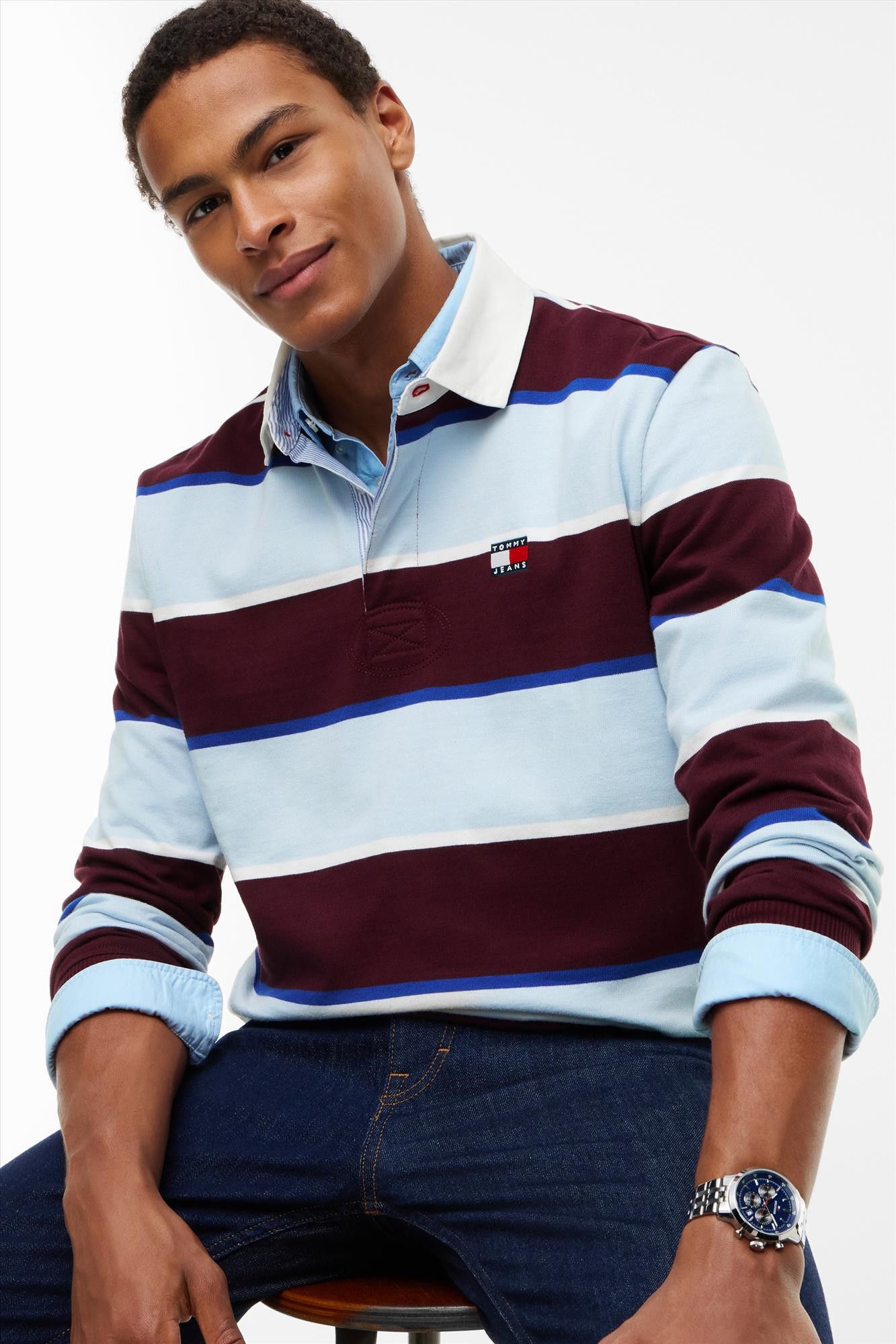 Tommy Jeans - Bordeaux-Blauwe Striped Rugby polosweater