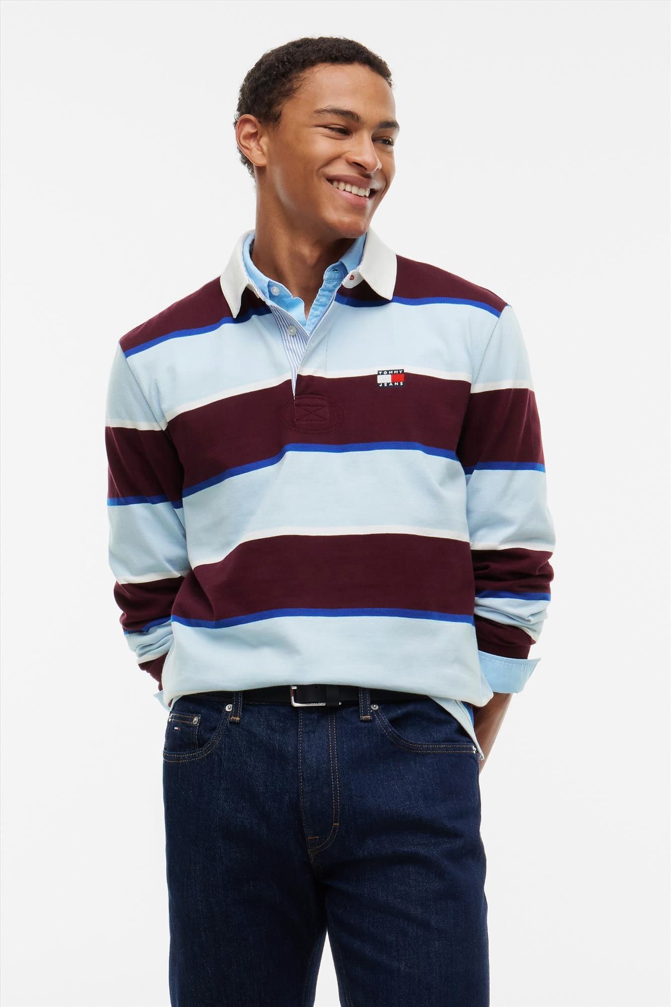 Tommy Jeans - Bordeaux-Blauwe Striped Rugby polosweater