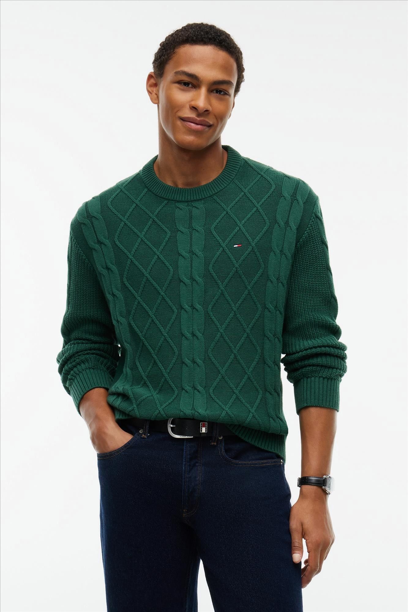 Tommy Jeans - Donkergroene Cable Knit trui
