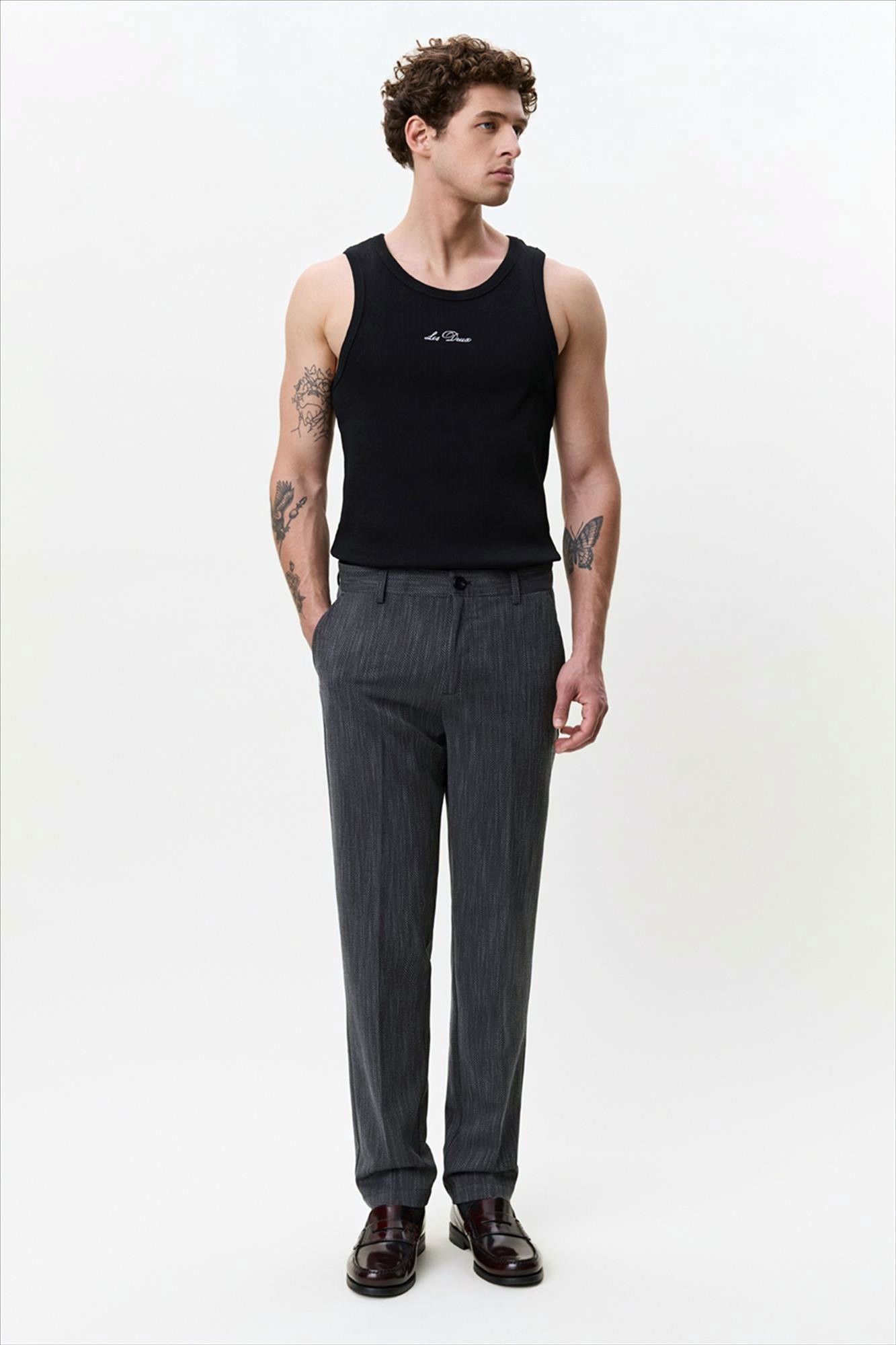 LES DEUX  - Donkergrijze Herringbone regular kostuumbroek