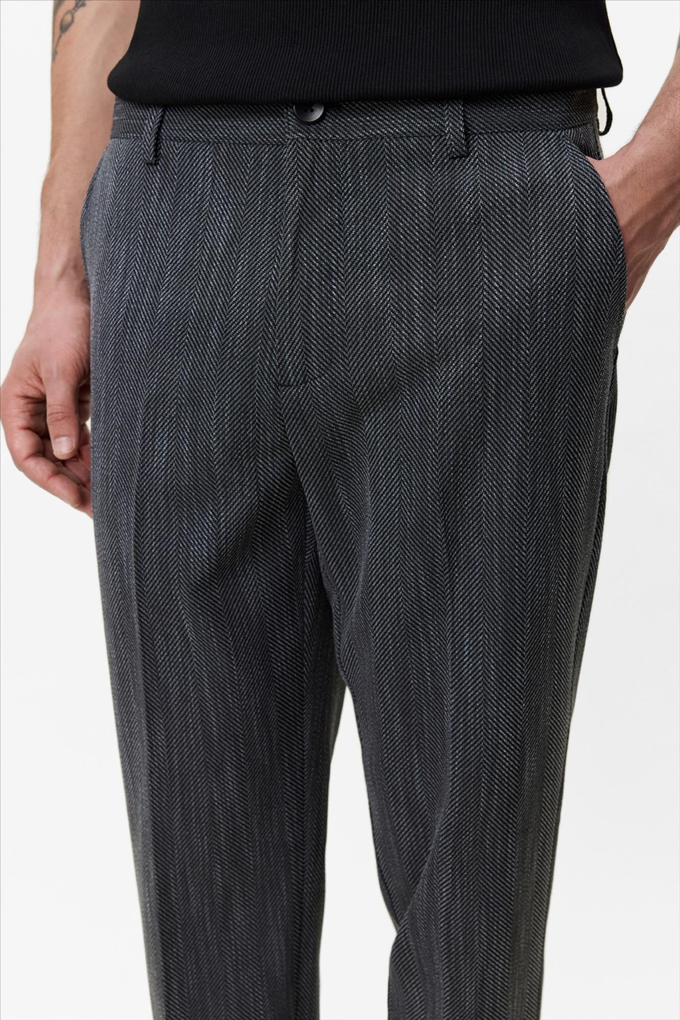 LES DEUX  - Donkergrijze Herringbone regular kostuumbroek