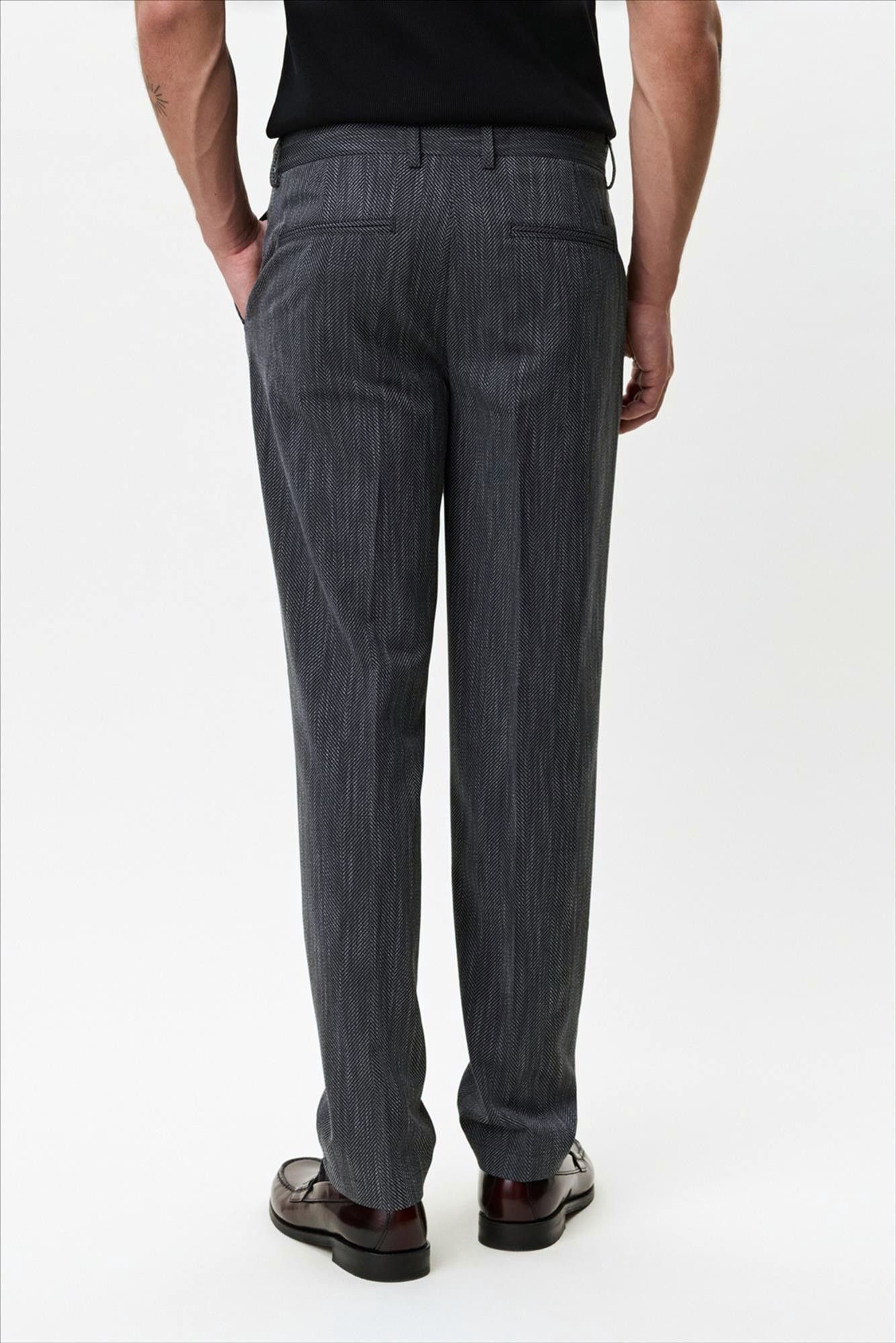 LES DEUX  - Donkergrijze Herringbone regular kostuumbroek