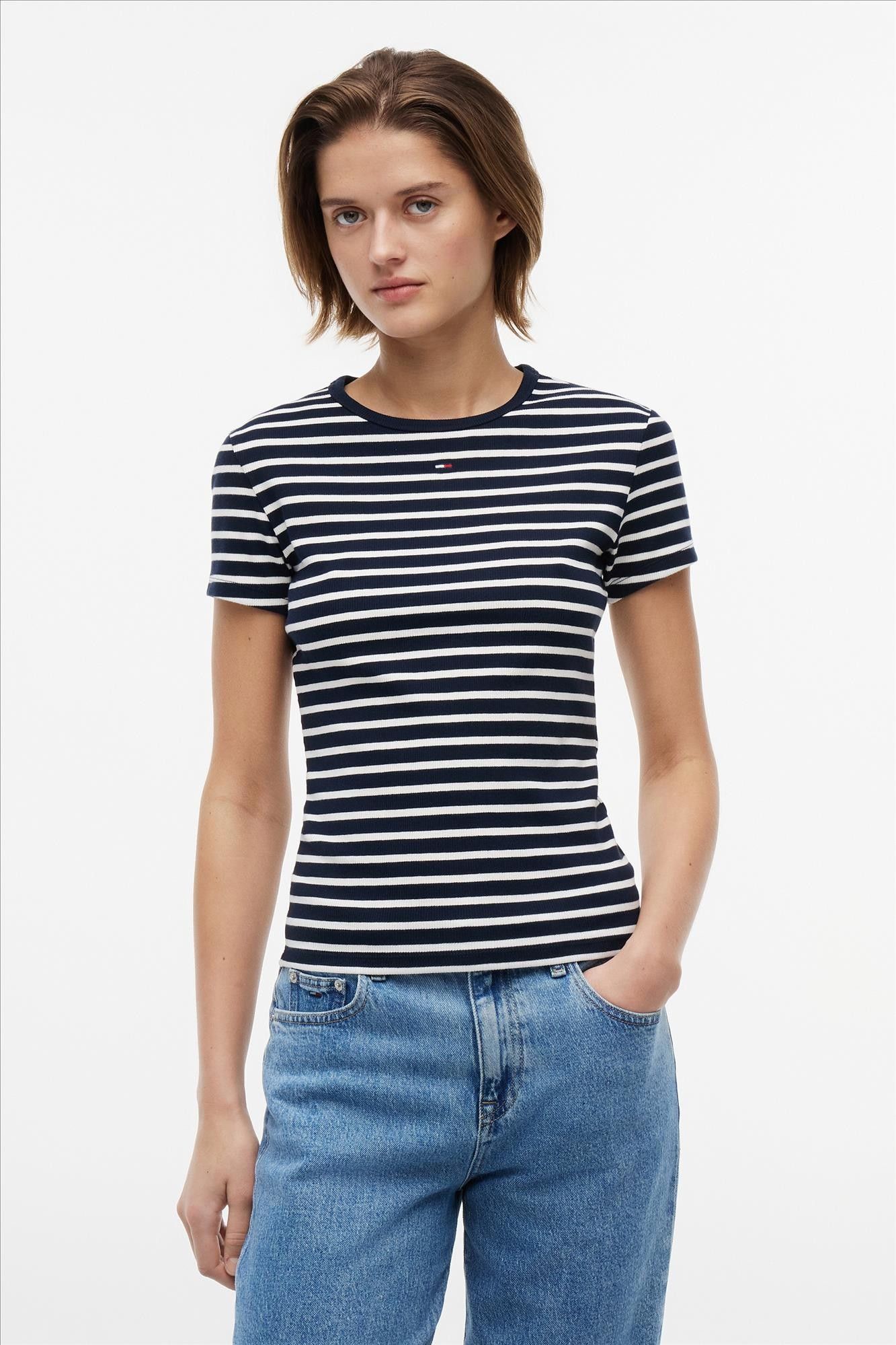 Tommy Jeans - Donkerblauw-Witte Essential Rib slim T-shirt