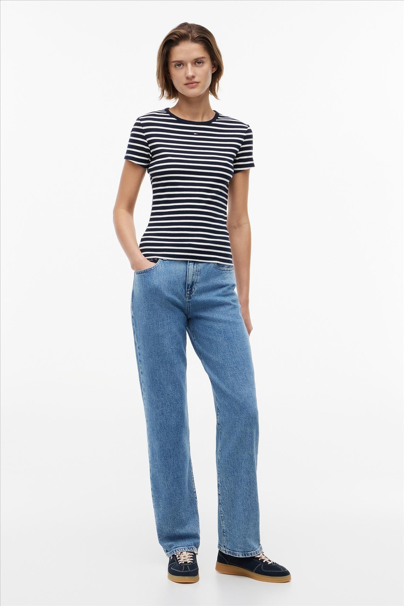 Tommy Jeans - Donkerblauw-Witte Essential Rib slim T-shirt