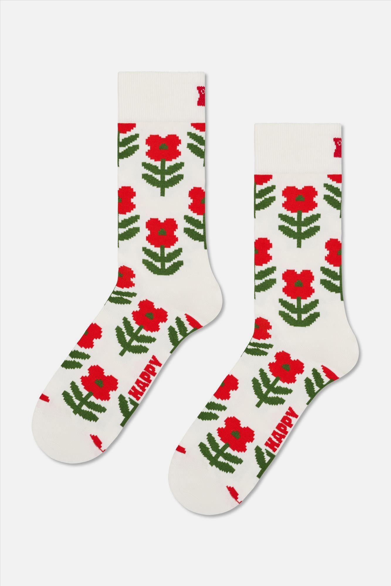 Happy Socks - Ecru Pixel Flower sokken, maat: 36-40