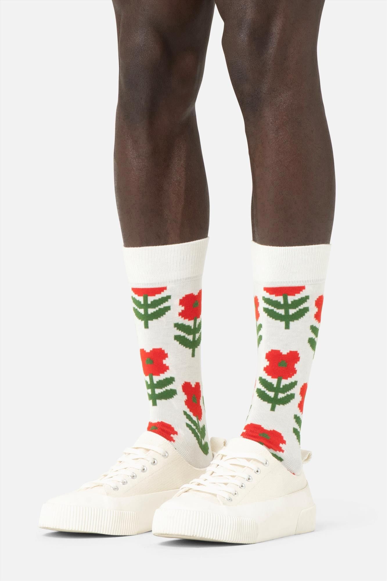 Happy Socks - Ecru Pixel Flower sokken, maat: 36-40
