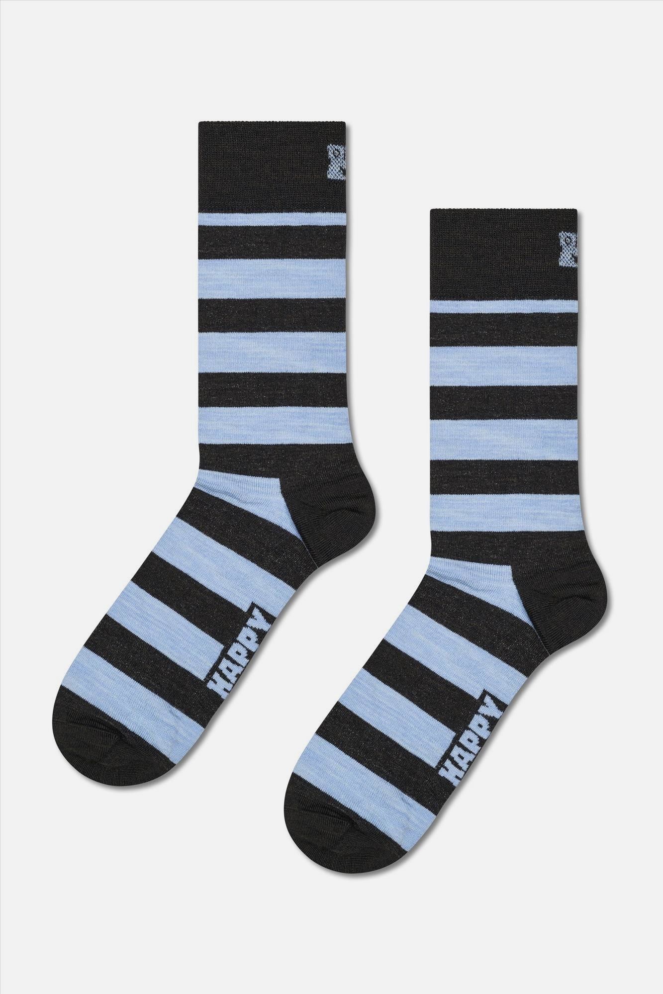 Happy Socks - Zwart-Lichtblauwe Stripe Wool sokken, maat: 36-40